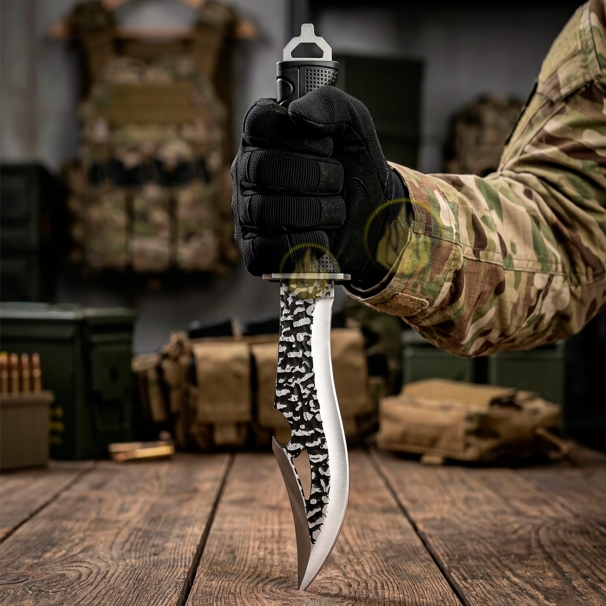 Cuchillo Curvo Caza Táctico Lion Tools acero inoxidable 420 con funda nylon encajado en una mesa