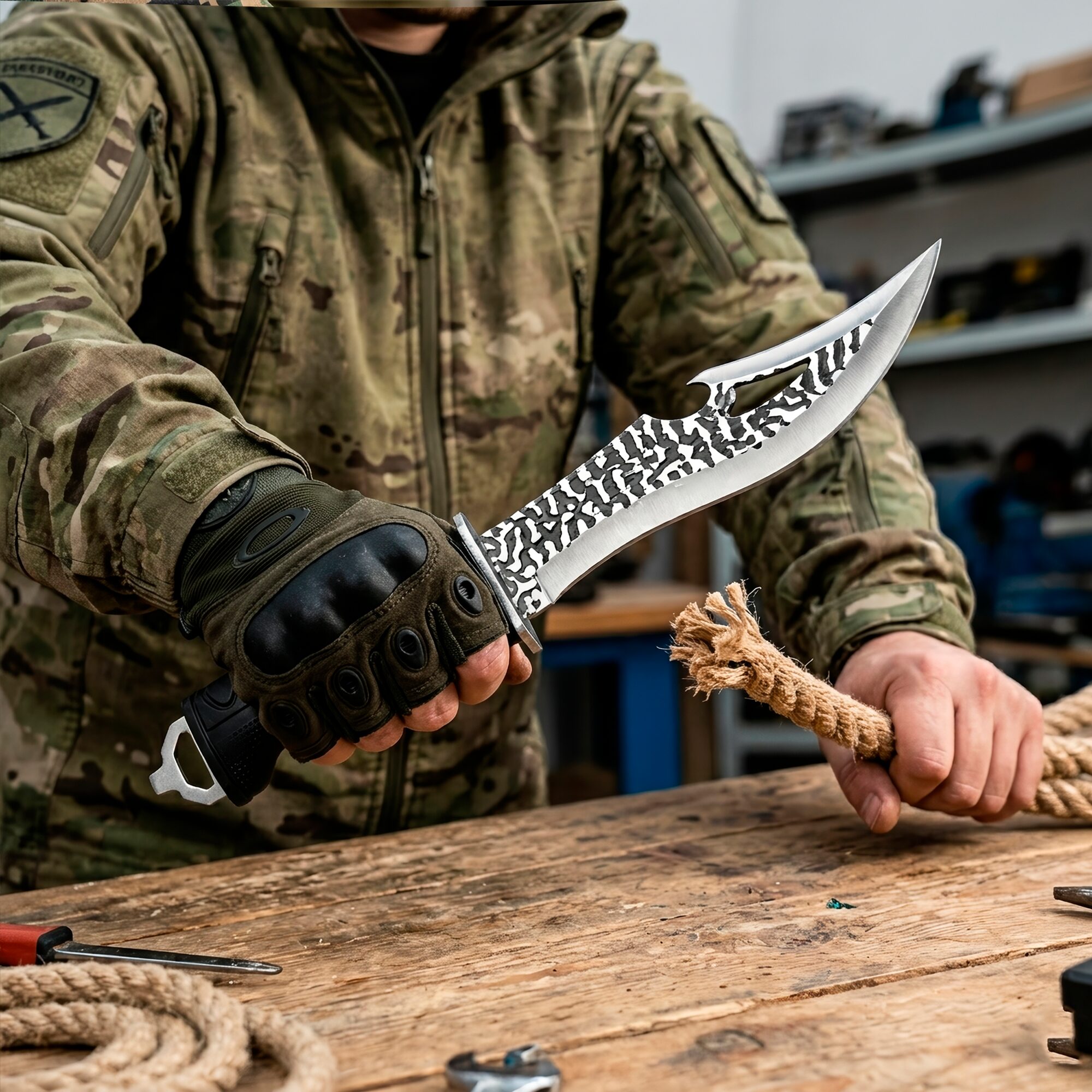 Cuchillo Curvo Caza Táctico Lion Tools acero inoxidable 420 con funda nylon cortado cuero