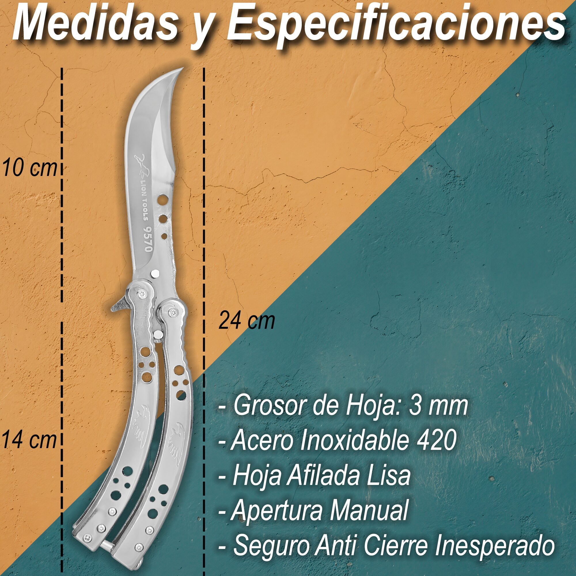 Cuchillo Navaja Mariposa Acero Lion Tools inoxidable 420 con seguro anti cierre y filo durable 9572