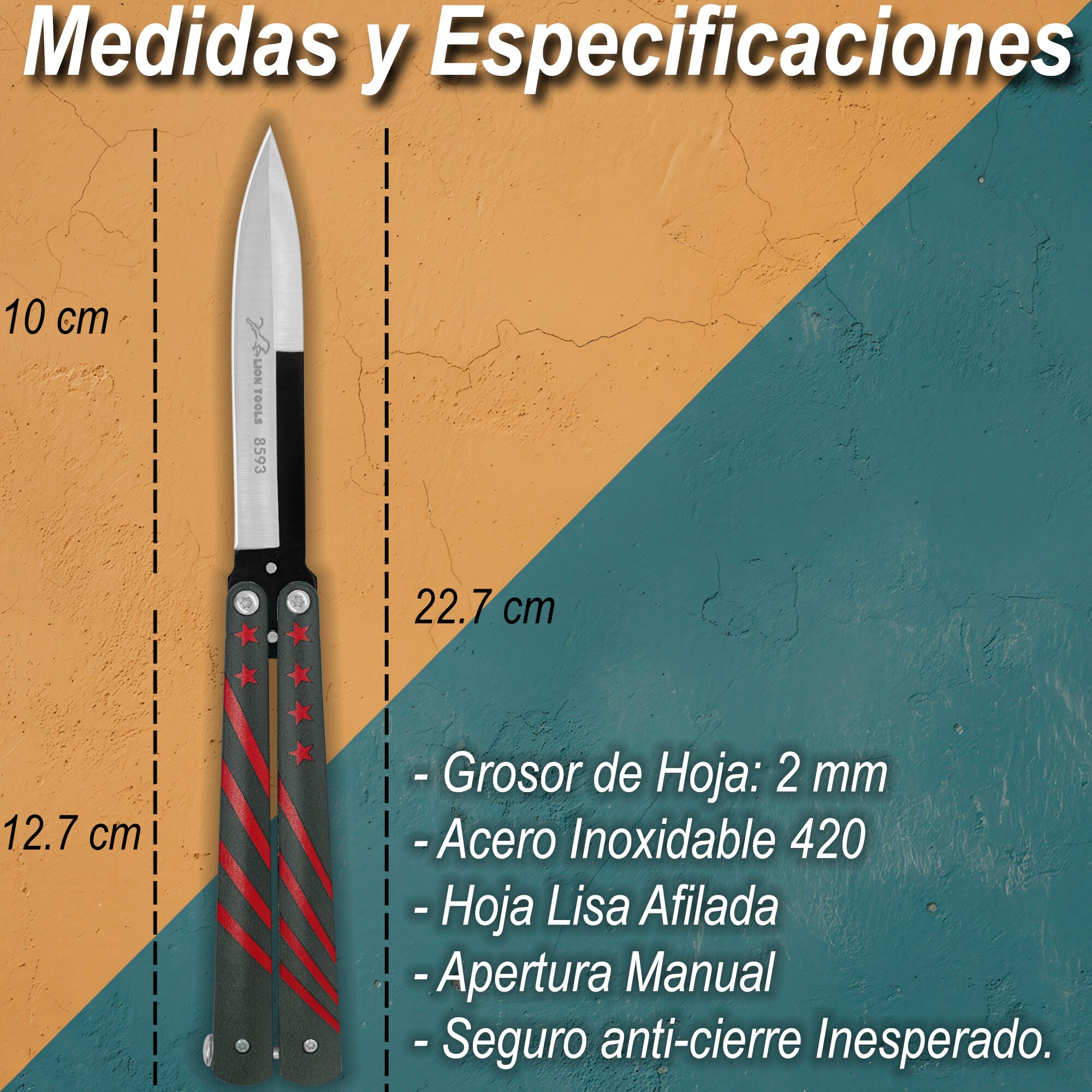 Cuchillo Navaja Mariposa medida Lion Tools acero inoxidable 420 con diseño estrellas vista completa