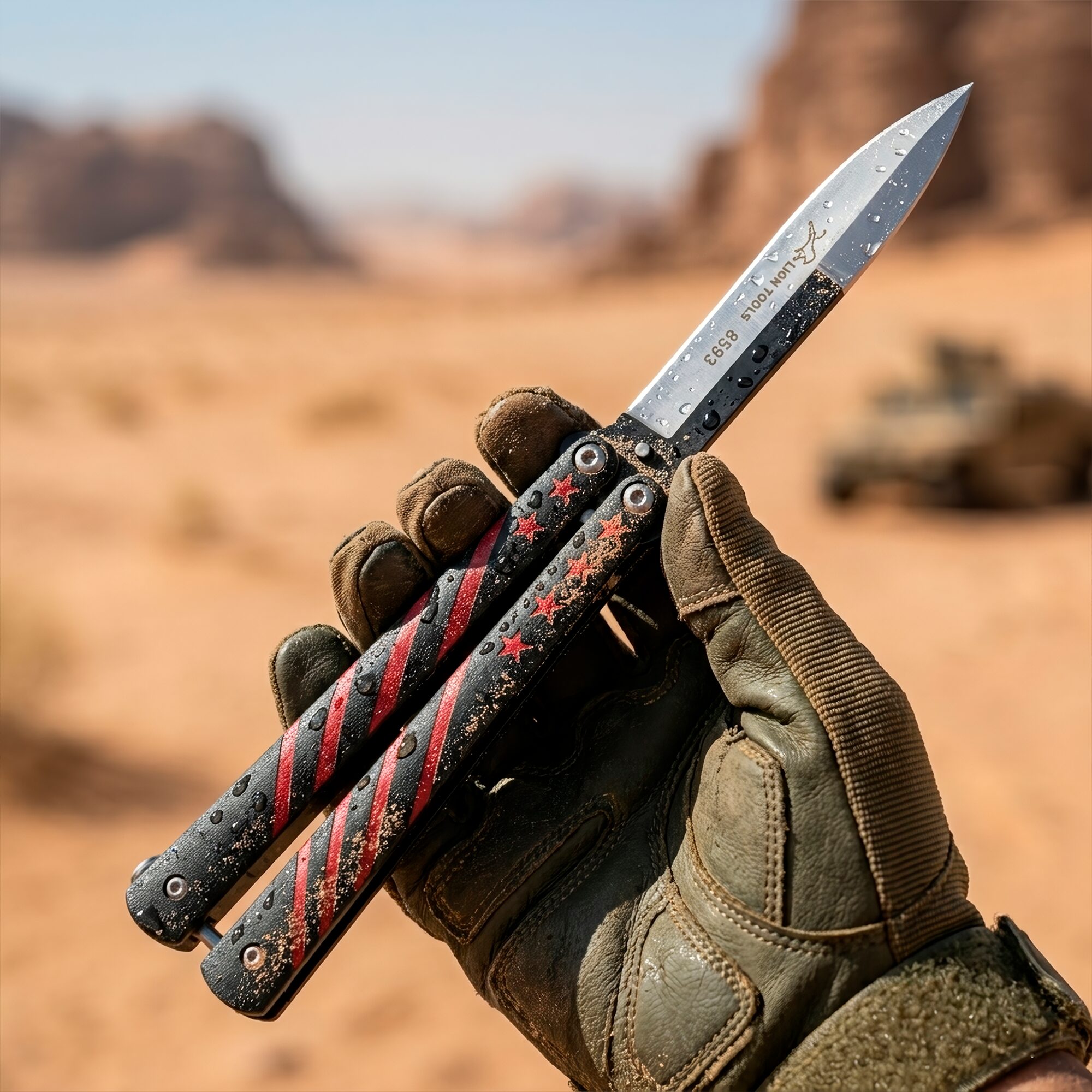 Cuchillo Navaja Mariposa Sujetando con la mano Lion Tools acero inoxidable 420 con diseño estrellas vista completa