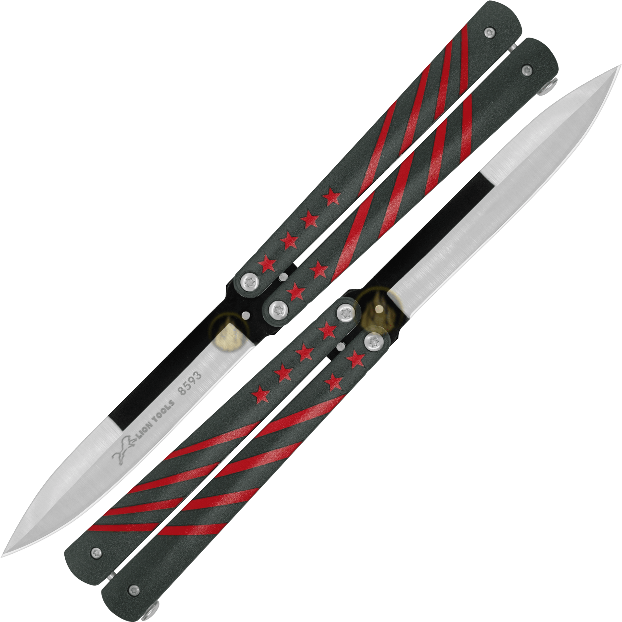 Cuchillo Navaja Mariposa Exhibicion Lion Tools acero inoxidable 420 con diseño estrellas vista completa