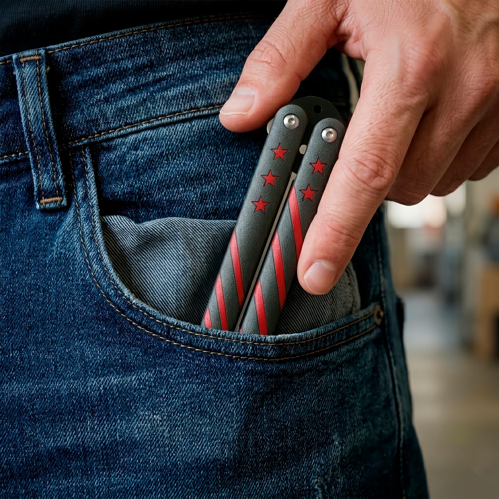 Cuchillo Navaja Mariposa bolsa de pantalon Lion Tools acero inoxidable 420 con diseño estrellas vista completa