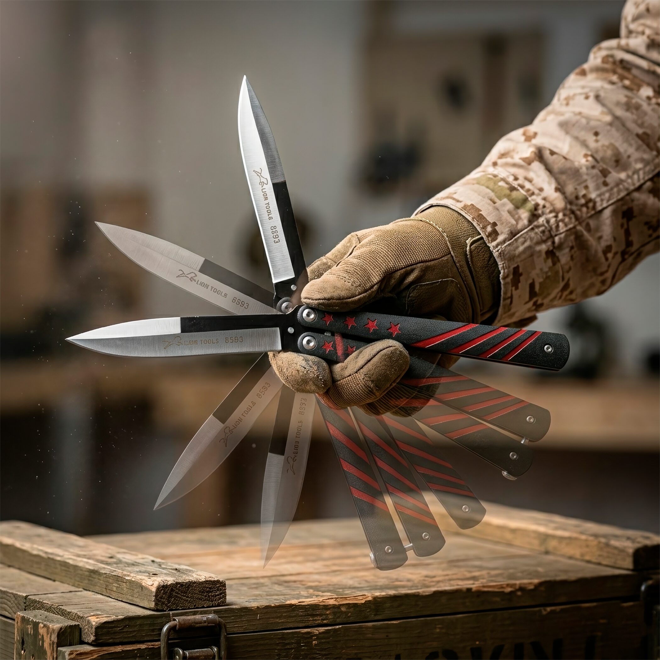 Cuchillo Navaja Mariposa Acrobacias Lion Tools acero inoxidable 420 con diseño estrellas vista completa