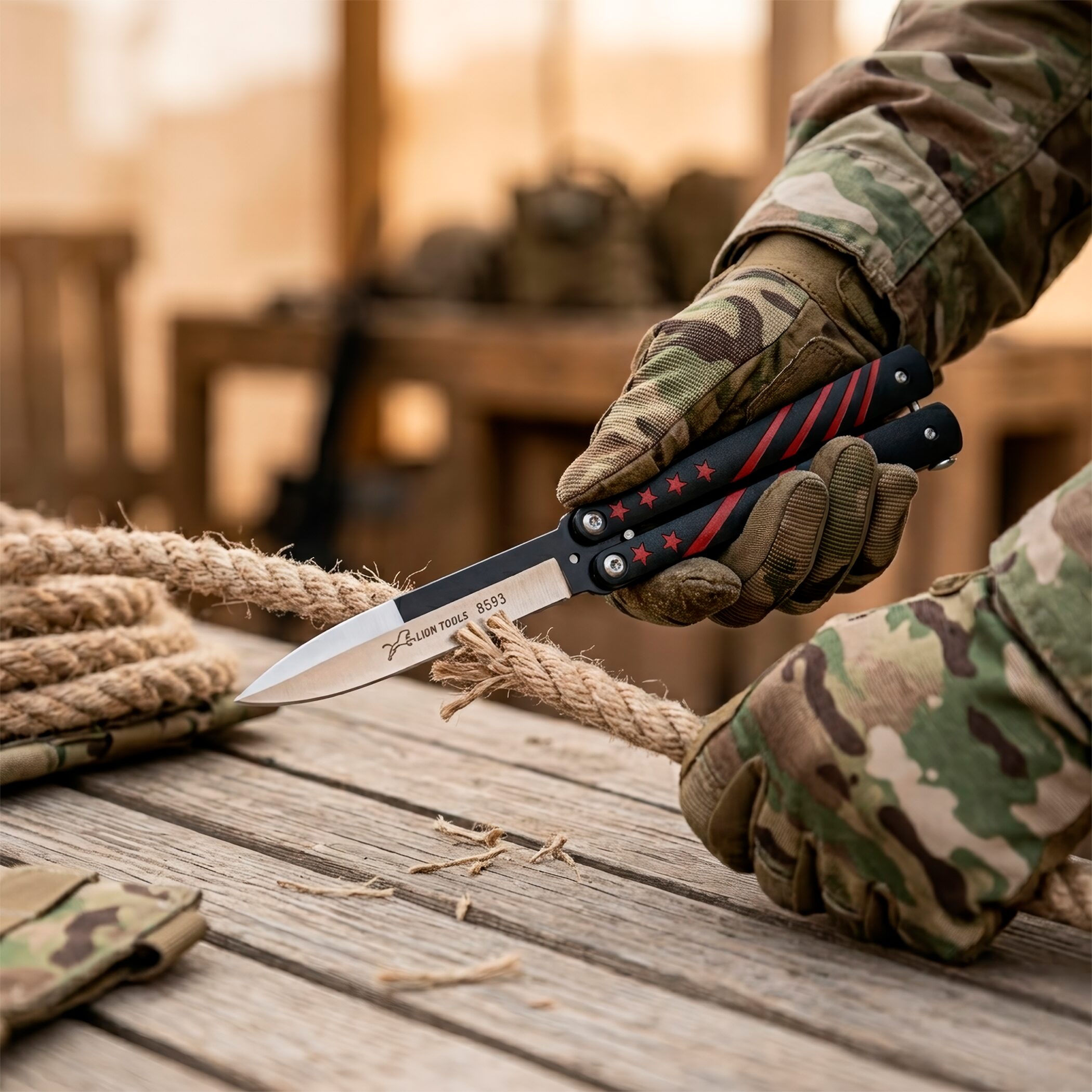 Cuchillo Navaja Mariposa cortando cuerda Lion Tools acero inoxidable 420 con diseño estrellas vista completa