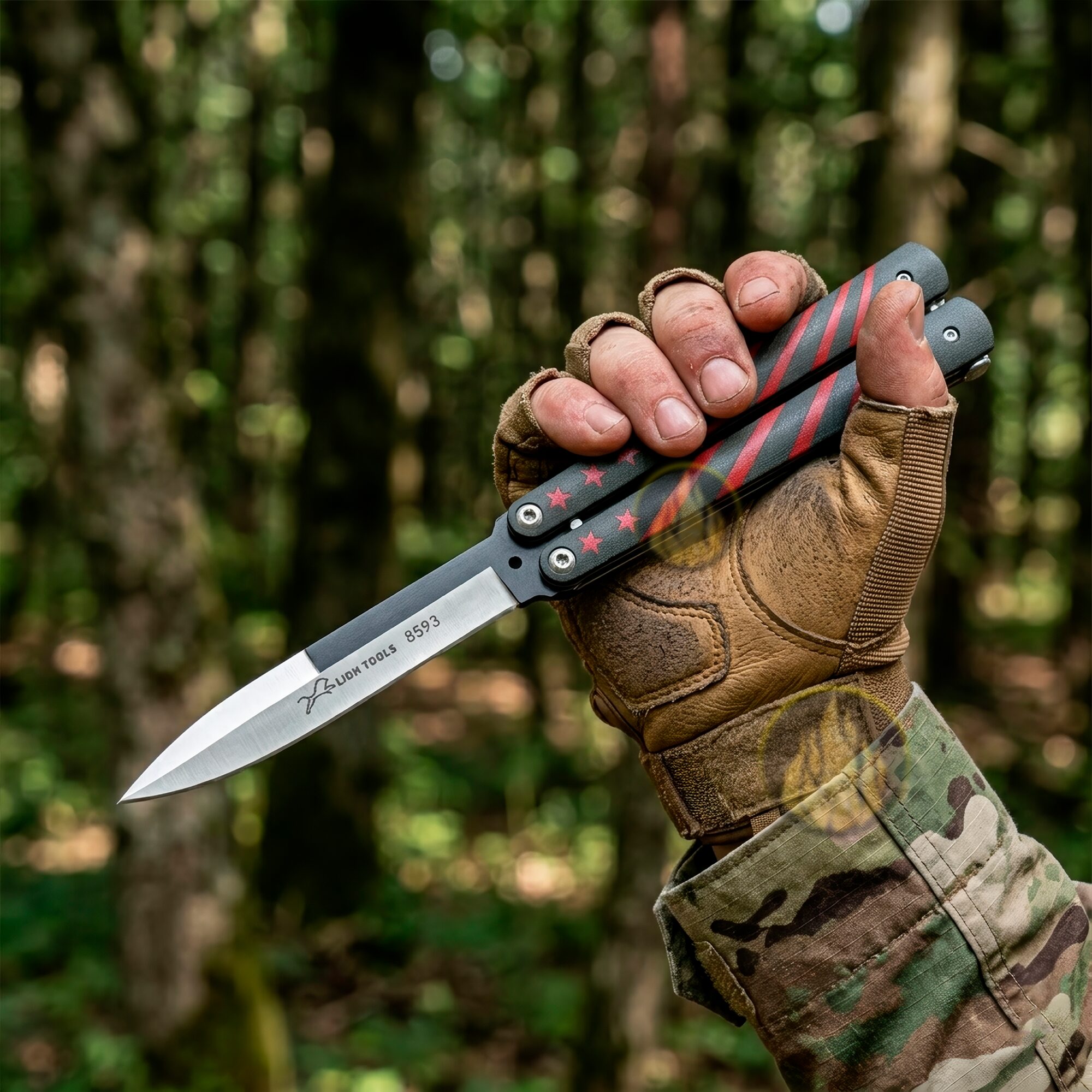 Cuchillo Navaja Mariposa Sujentandola con la mano Lion Tools acero inoxidable 420 con diseño estrellas vista completa