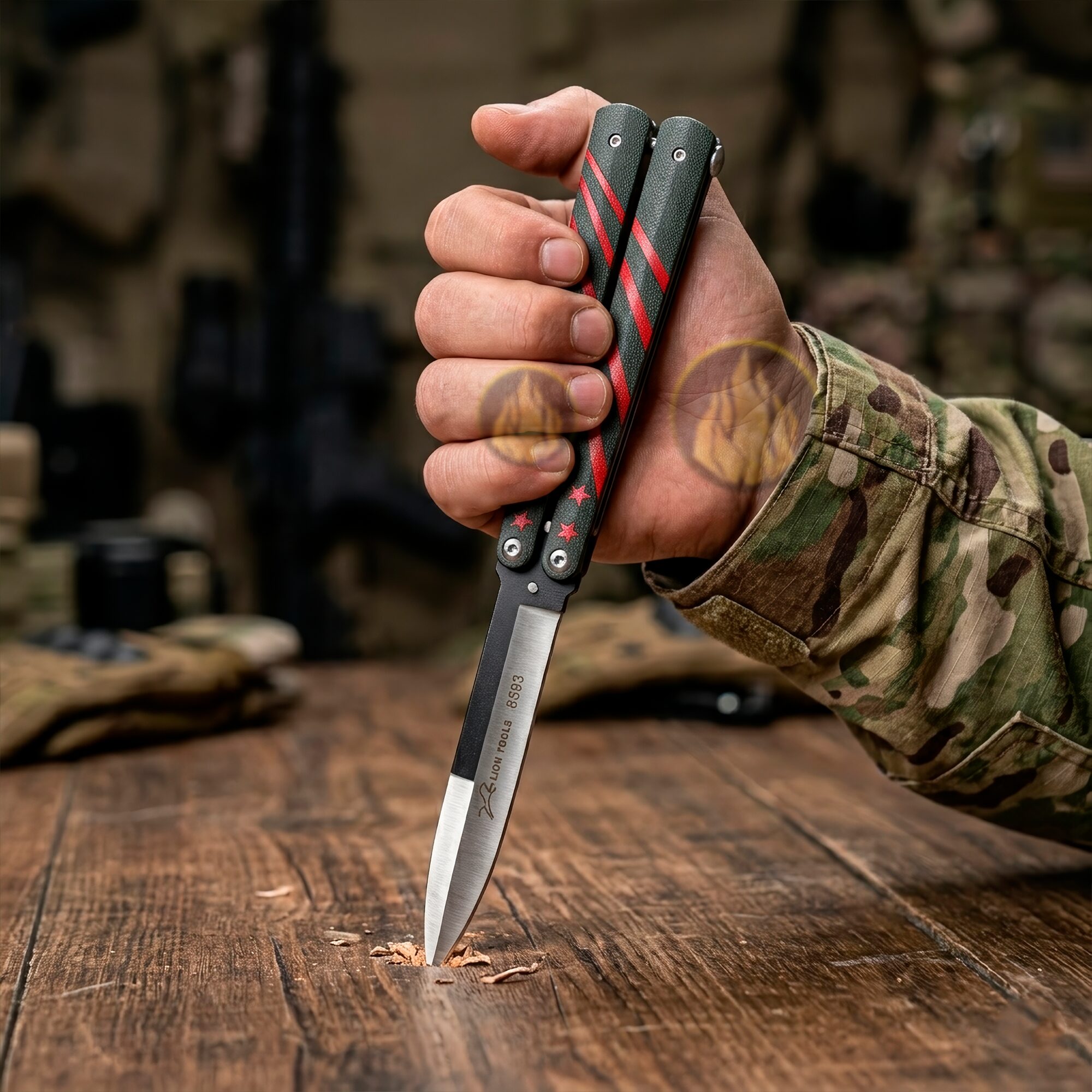 Cuchillo Navaja Mariposa Encajada en mesa Lion Tools acero inoxidable 420 con diseño estrellas vista completa