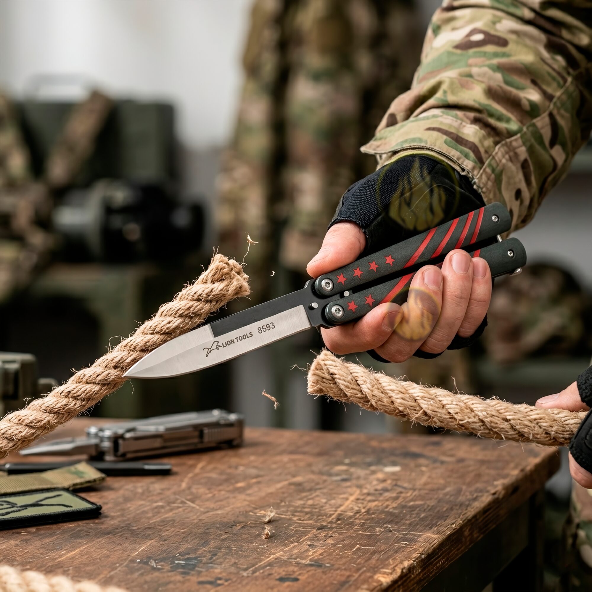 Cuchillo Navaja Mariposa cortando cuerda Lion Tools acero inoxidable 420 con diseño estrellas vista completa