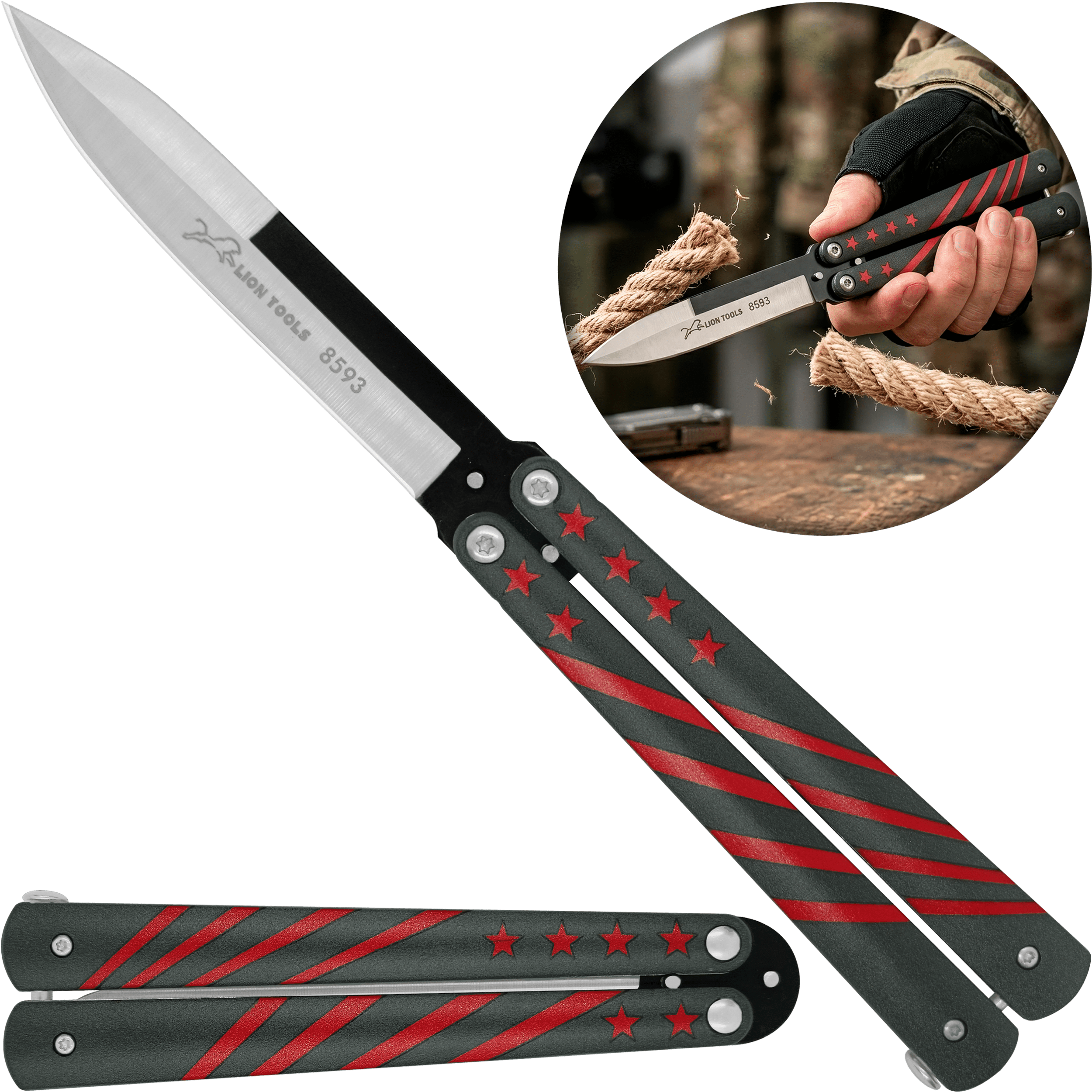 Cuchillo Navaja Mariposa portada Lion Tools acero inoxidable 420 con diseño estrellas vista completa