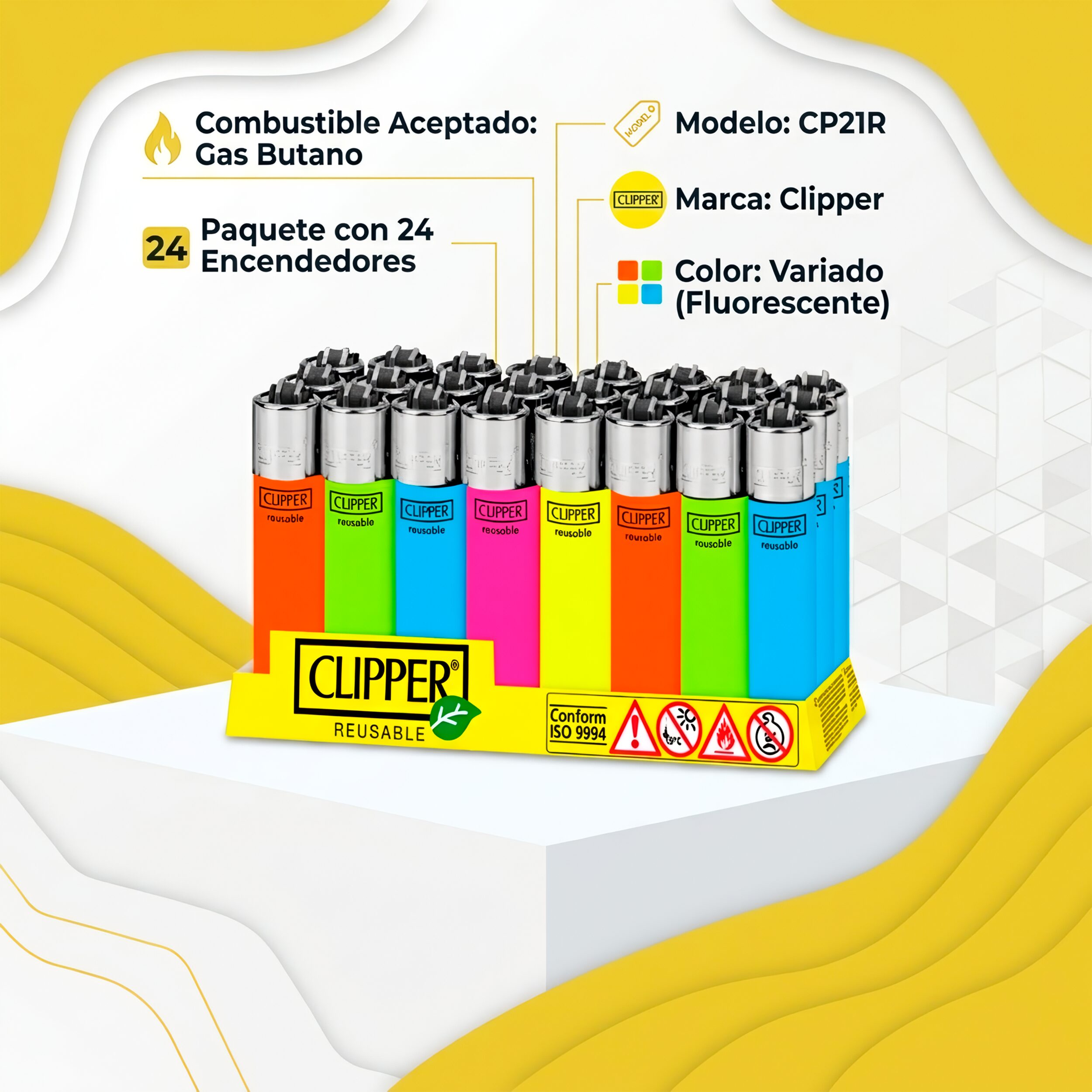Encendedor Recargable Clipper CP21R fluo paquete 24 piezas colores fluorescentes