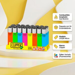 Encendedor Recargable Clipper CP22R fluo paquete 24 piezas colores fluorescentes