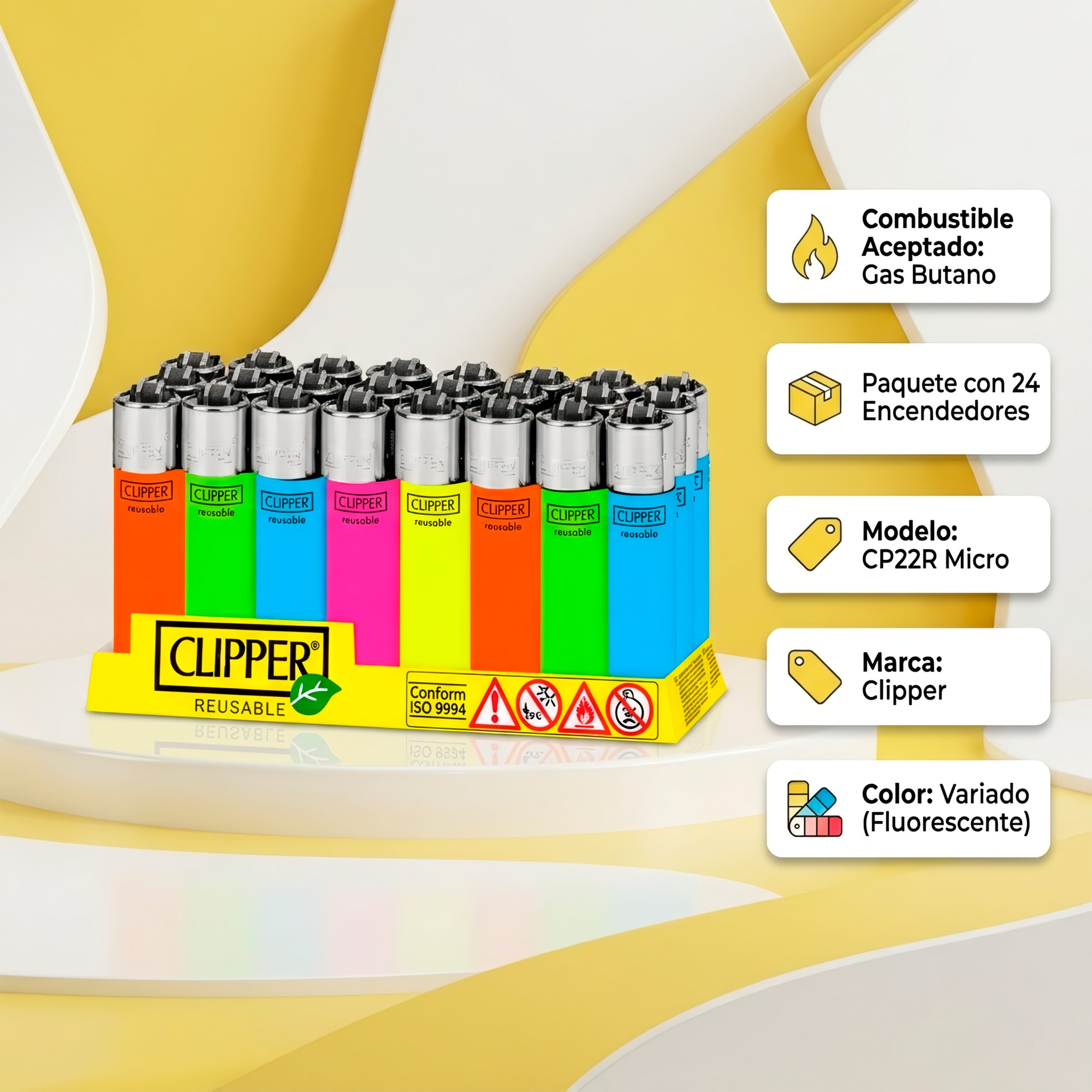 Encendedor Recargable Clipper CP22R fluo paquete 24 piezas colores fluorescentes