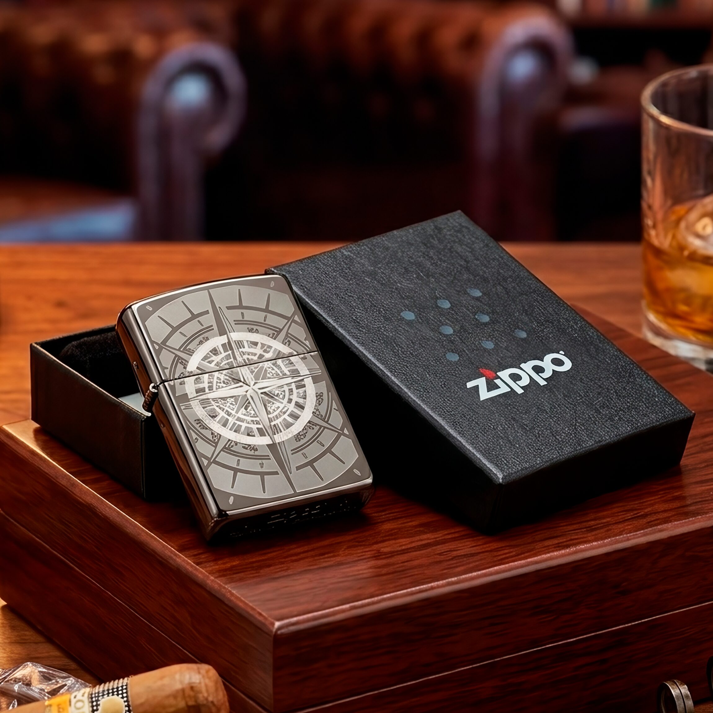 Encendedor Zippo Black Ice Brujula Zippo modelo MZ29232 acabado negro brillante