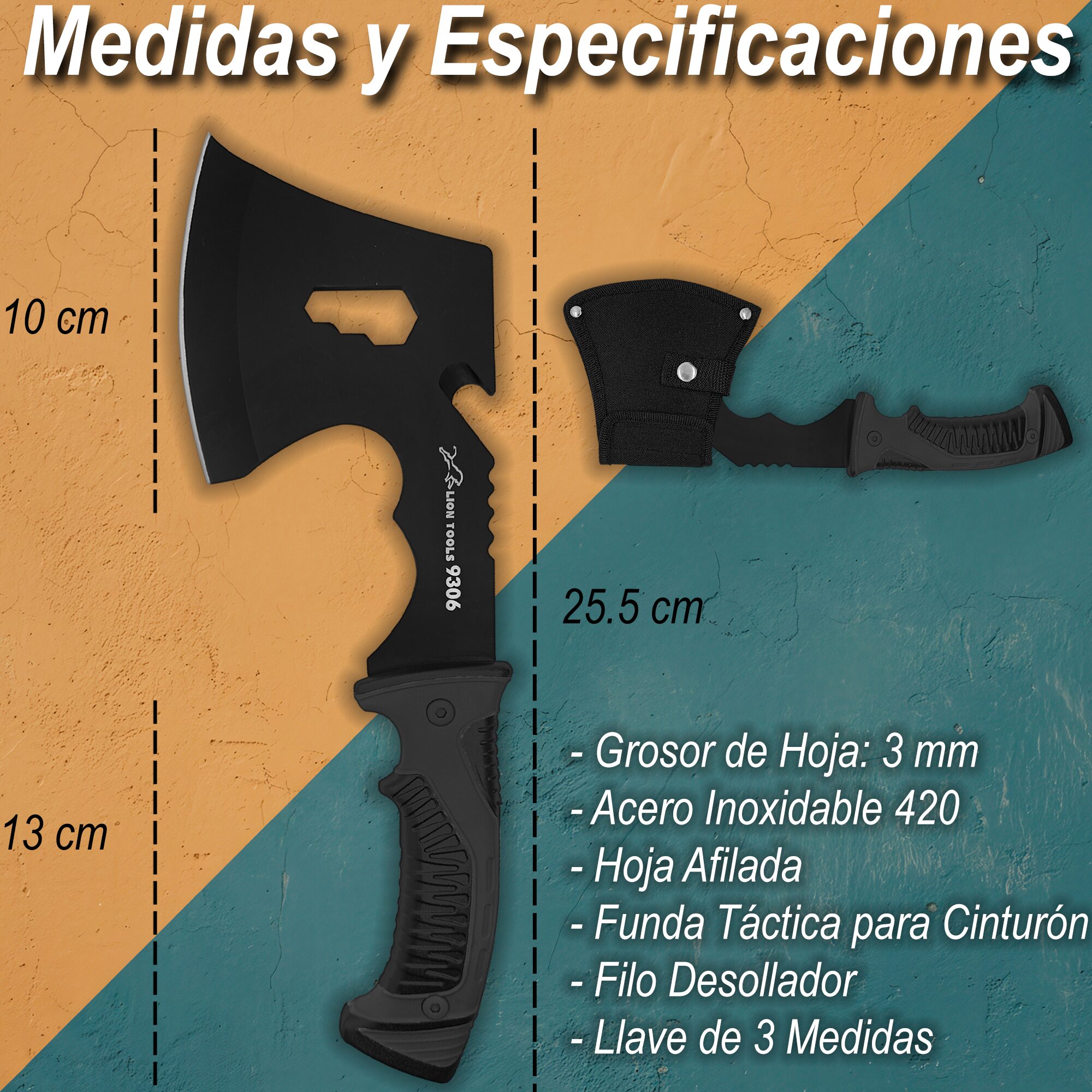 Hacha Tactica De Supervivencia Lion Tools acero inoxidable 420 con funda nylon medidas