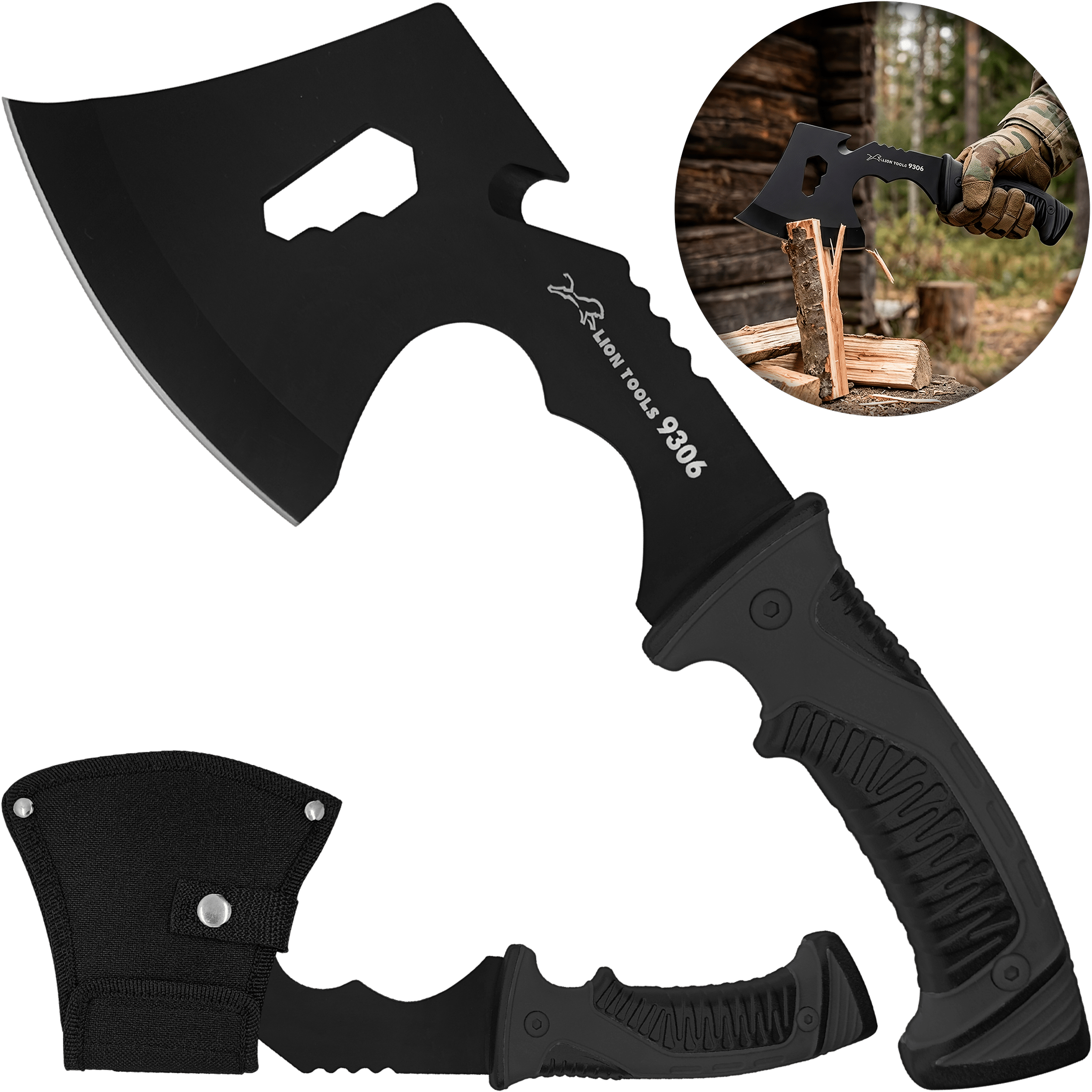 Hacha Tactica De Supervivencia Lion Tools acero inoxidable 420 con funda nylon portada