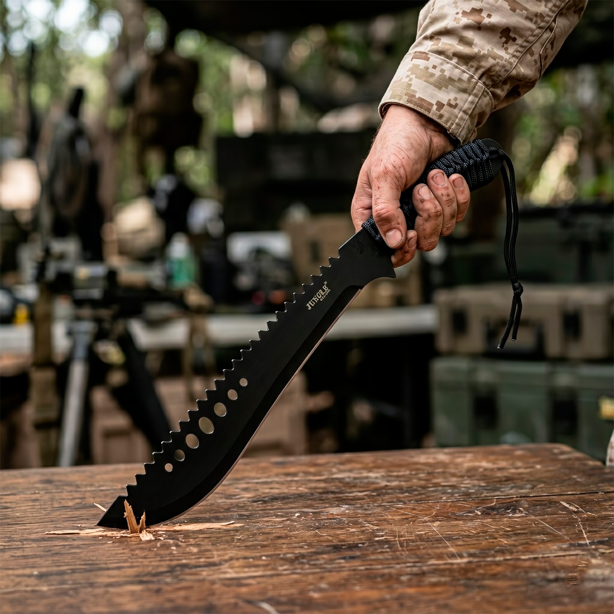 Machete Dentado Uso Rudo Jungle Master acero inoxidable 21 pulgadas con funda encajado en una mesa