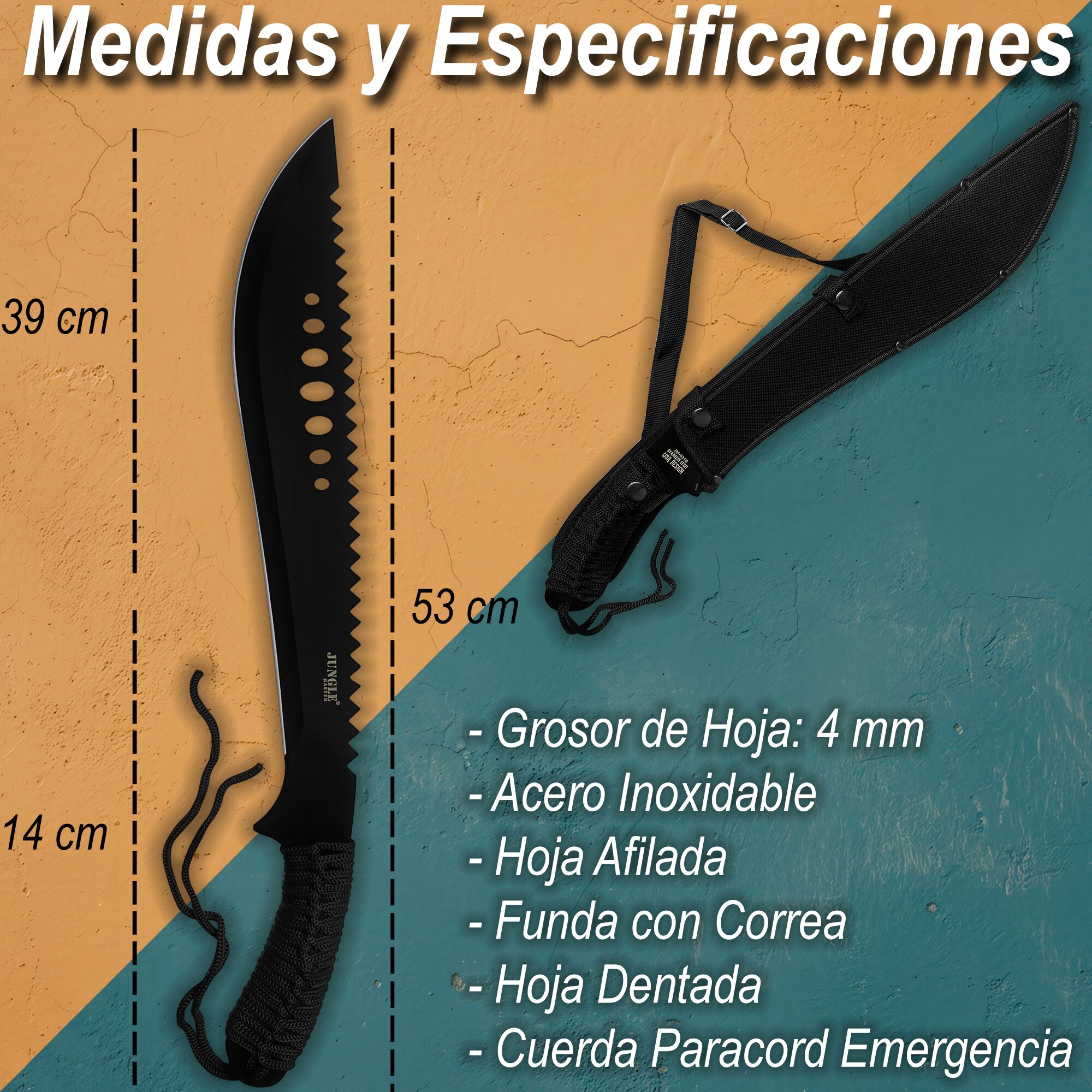 Machete Dentado Uso Rudo Jungle Master acero inoxidable 21 pulgadas con funda medidas