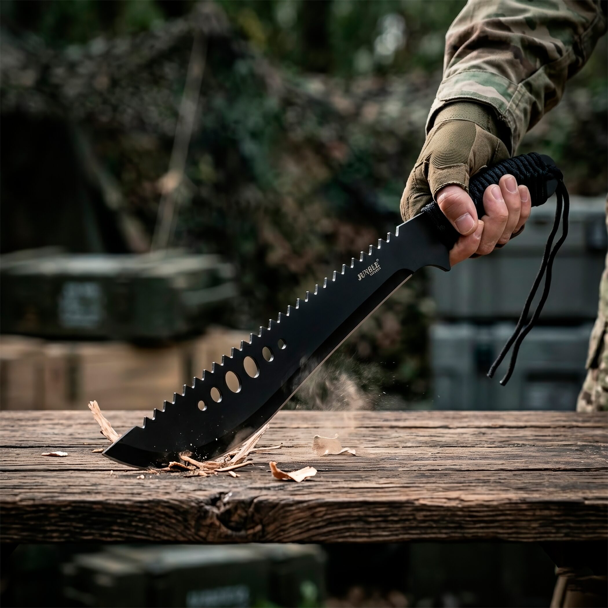 Machete Dentado Uso Rudo Jungle Master acero inoxidable 21 pulgadas con funda cortando mesa