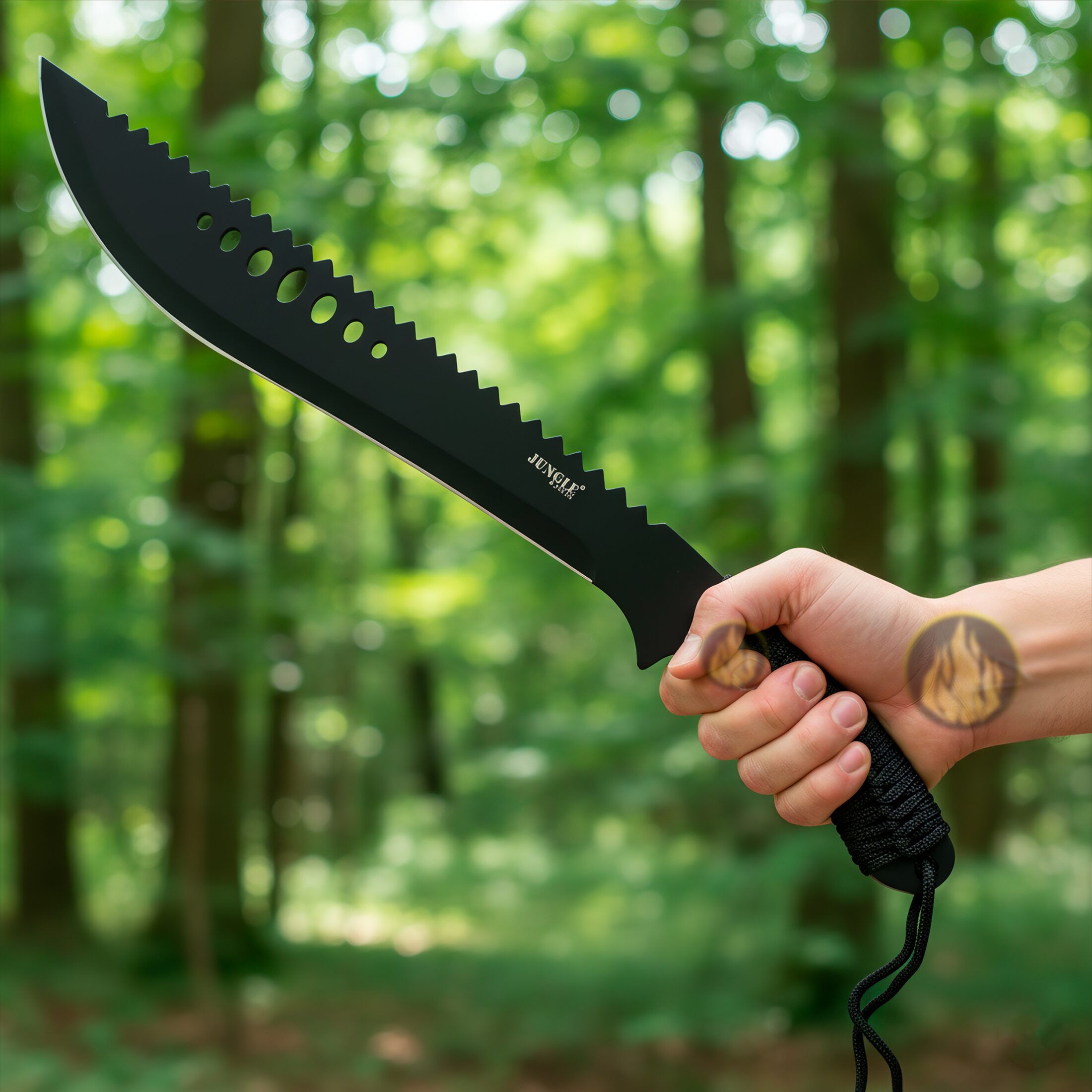 Machete Dentado Uso Rudo Jungle Master acero inoxidable 21 pulgadas con funda sujetando con la mano