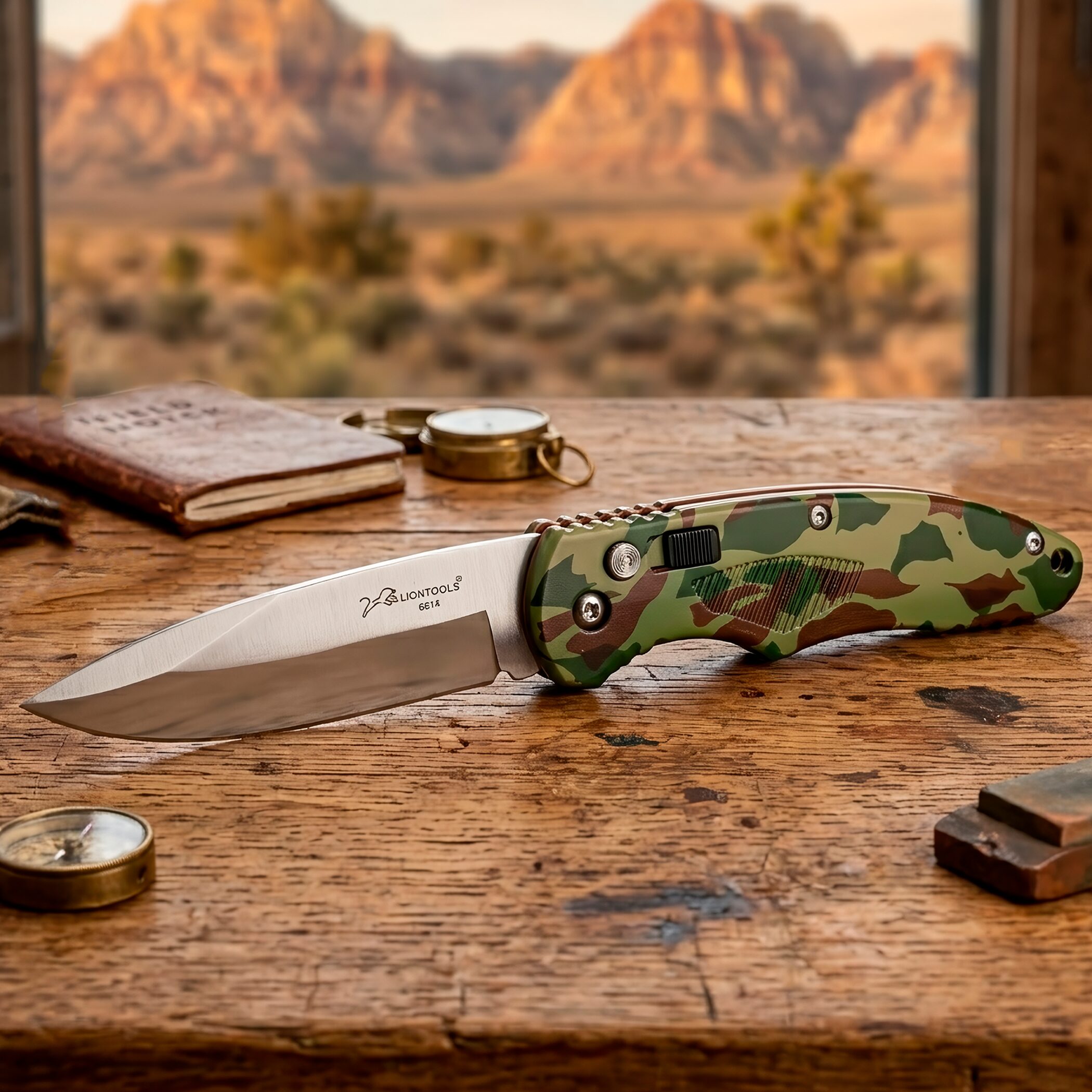 Navaja Automática Lion Tools estilo campismo con apertura de botón, hoja de acero inoxidable y clip para cinturón. 6614