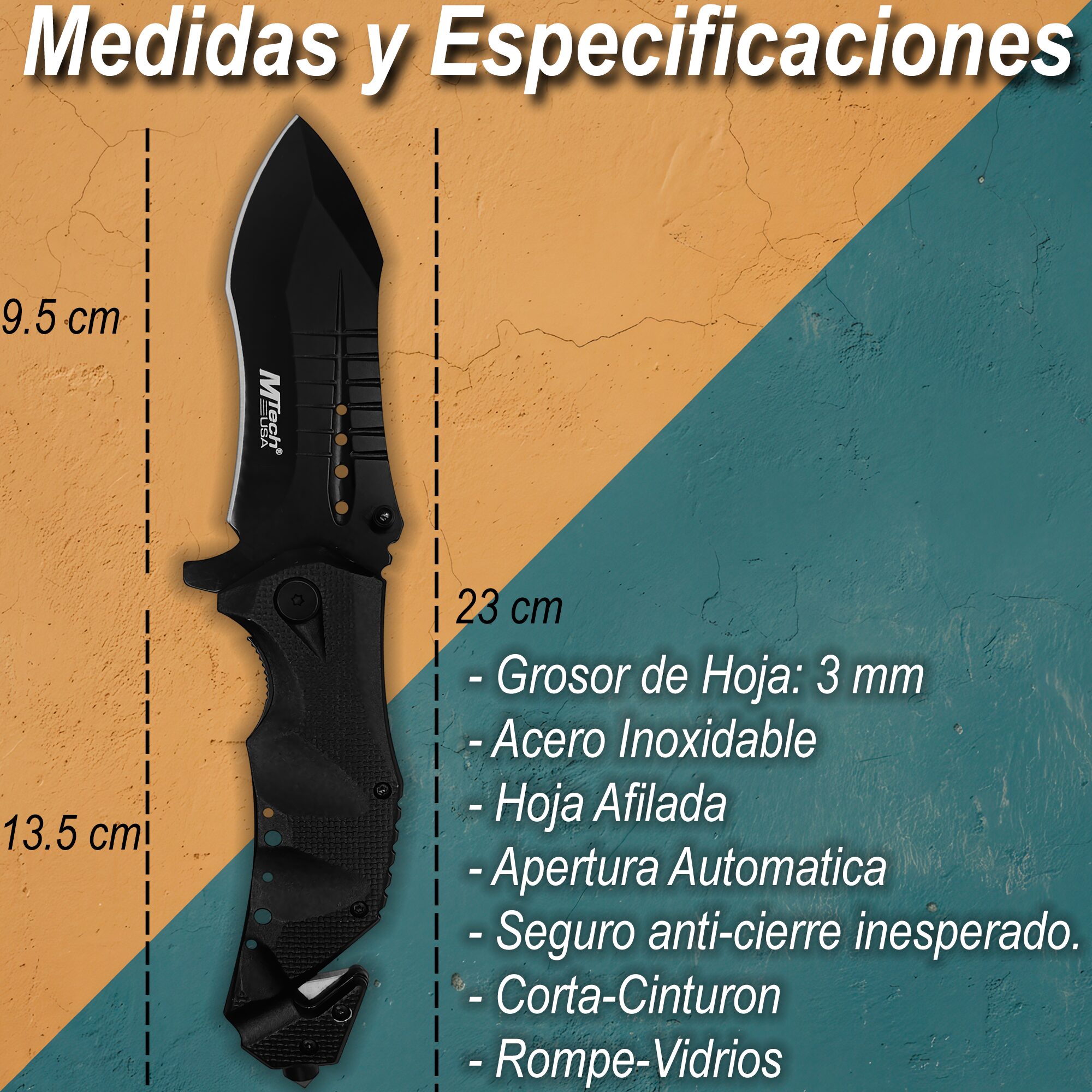 Navaja Automática Emergencia Mtech USA modelo MT-A845BK hoja afilada medidas