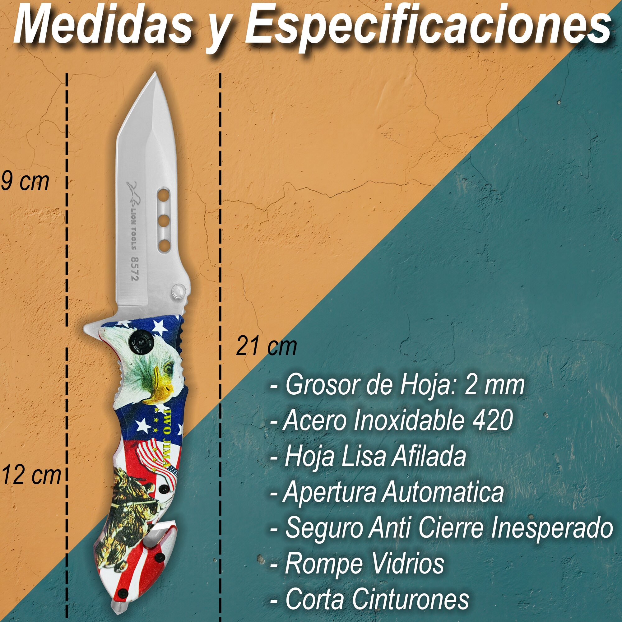 Navaja Automatica Militar Rompe Vidrios medidas Lion Tools con corta cinturón y hoja de acero inoxidable 420