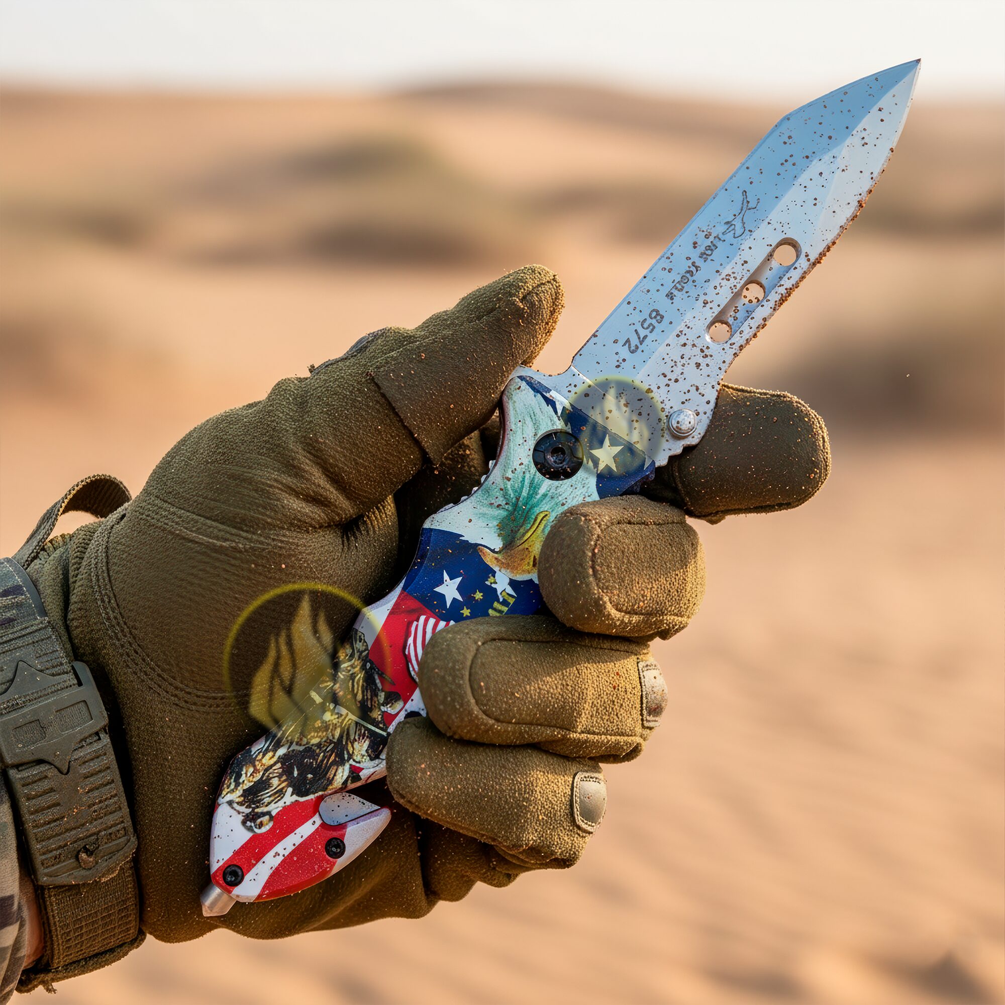 Navaja Automatica Militar Rompe Vidrios sujetado en una mano en el desierto Lion Tools con corta cinturón y hoja de acero inoxidable 420 8572