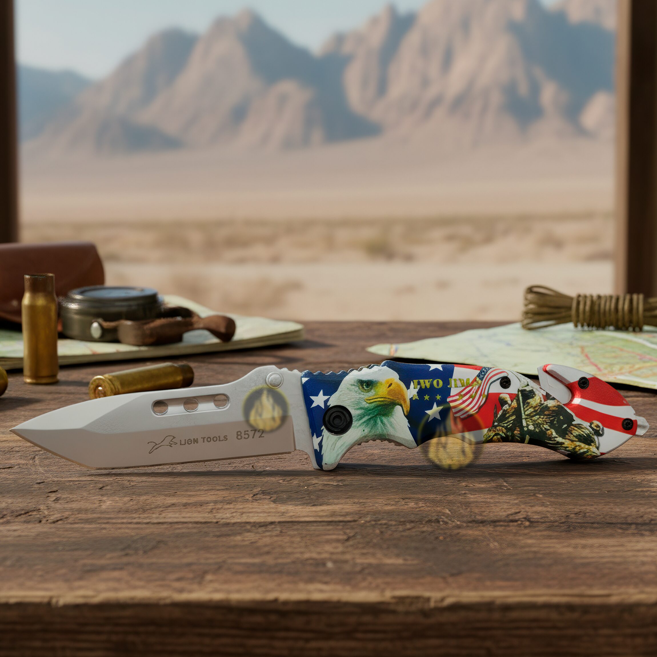Navaja Automatica Militar Rompe Vidrios Exhibida en una mesa Lion Tools con corta cinturón y hoja de acero inoxidable 420 8572