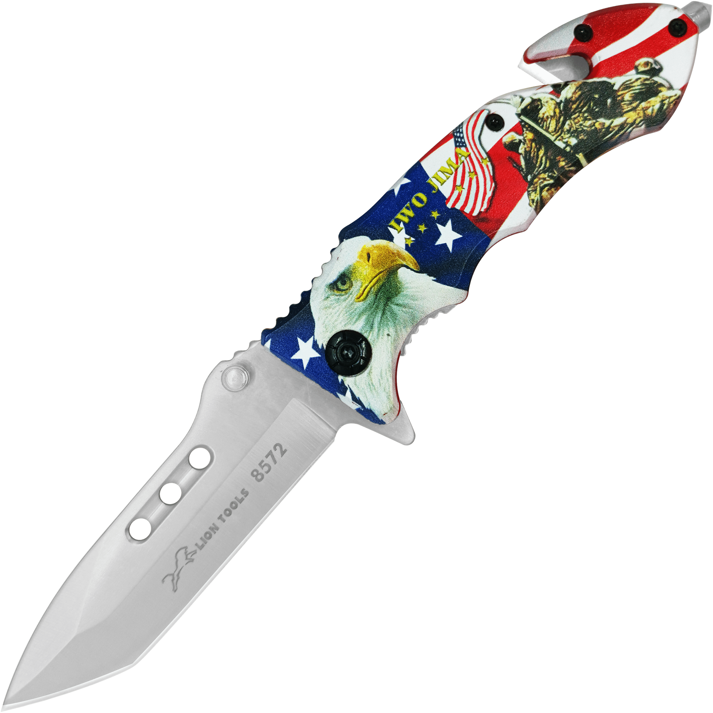 Navaja Automatica Militar Rompe Vidrios exhibicion Lion Tools con corta cinturón y hoja de acero inoxidable 420 8572