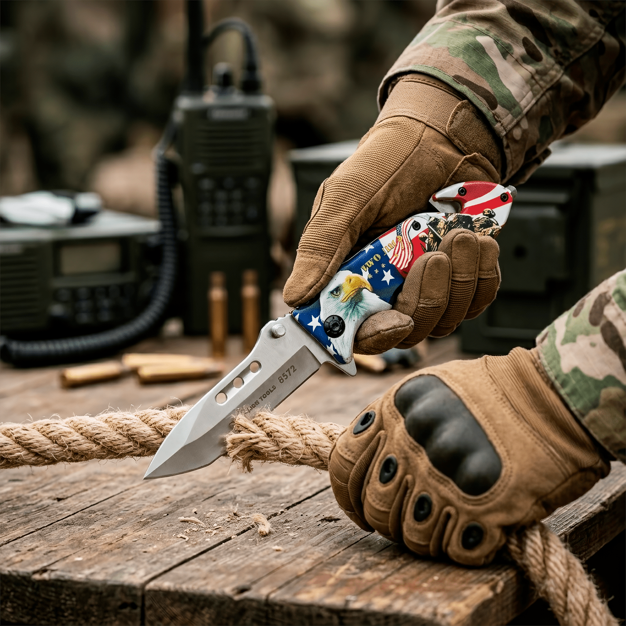 Navaja Automatica Militar Rompe Vidrios cortando cuerdas Lion Tools con corta cinturón y hoja de acero inoxidable 420 8572
