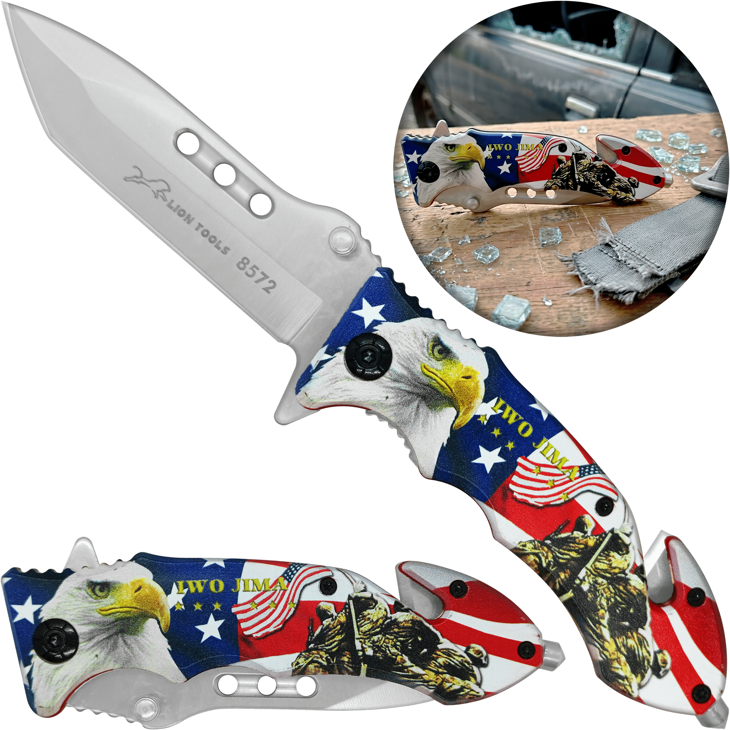 Navaja Automatica Militar Rompe portada Vidrios Lion Tools con corta cinturón y hoja de acero inoxidable 420 8572