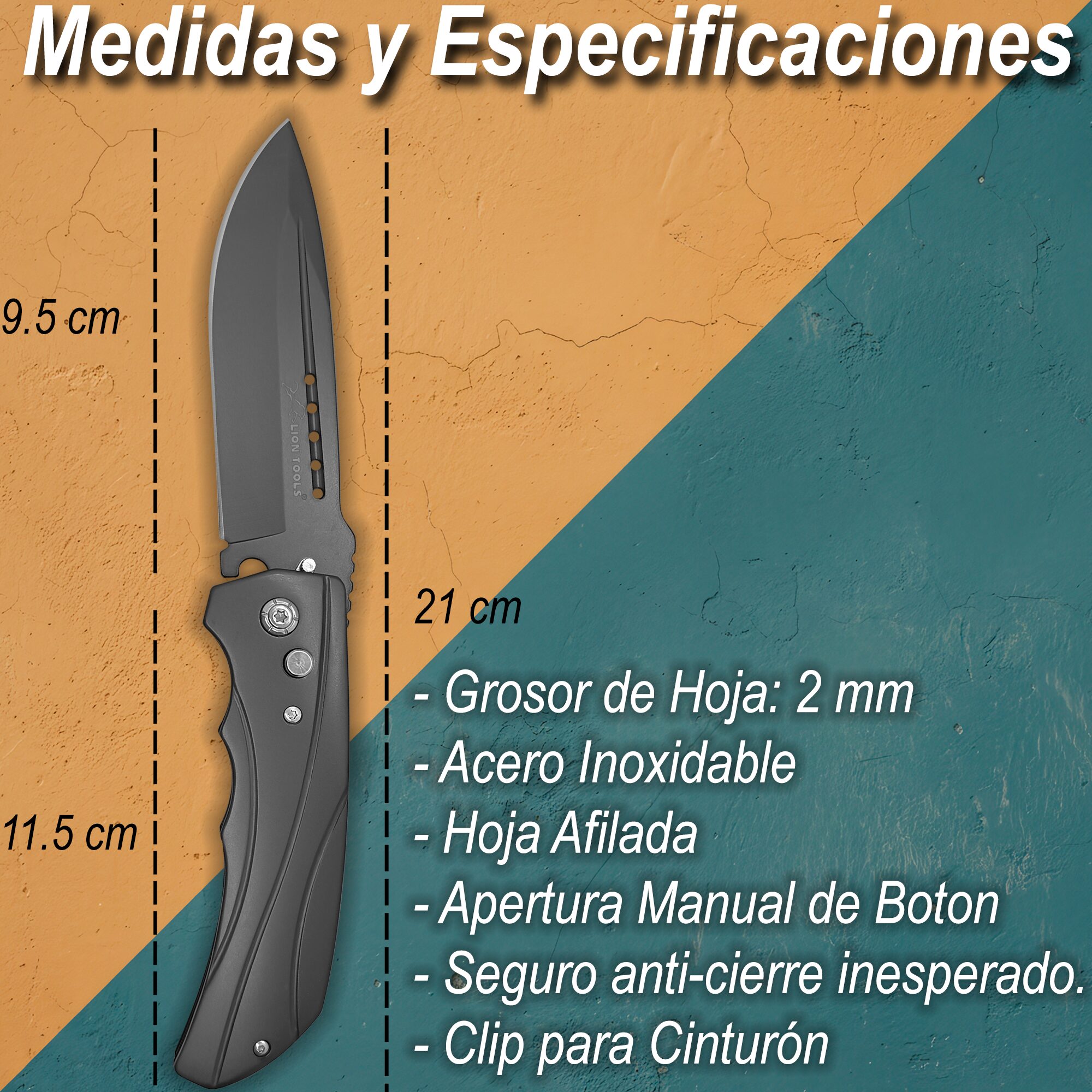 Navaja Automática Tactica Lion Tools modelo 7080 hoja afilada 9.5 cm medidas