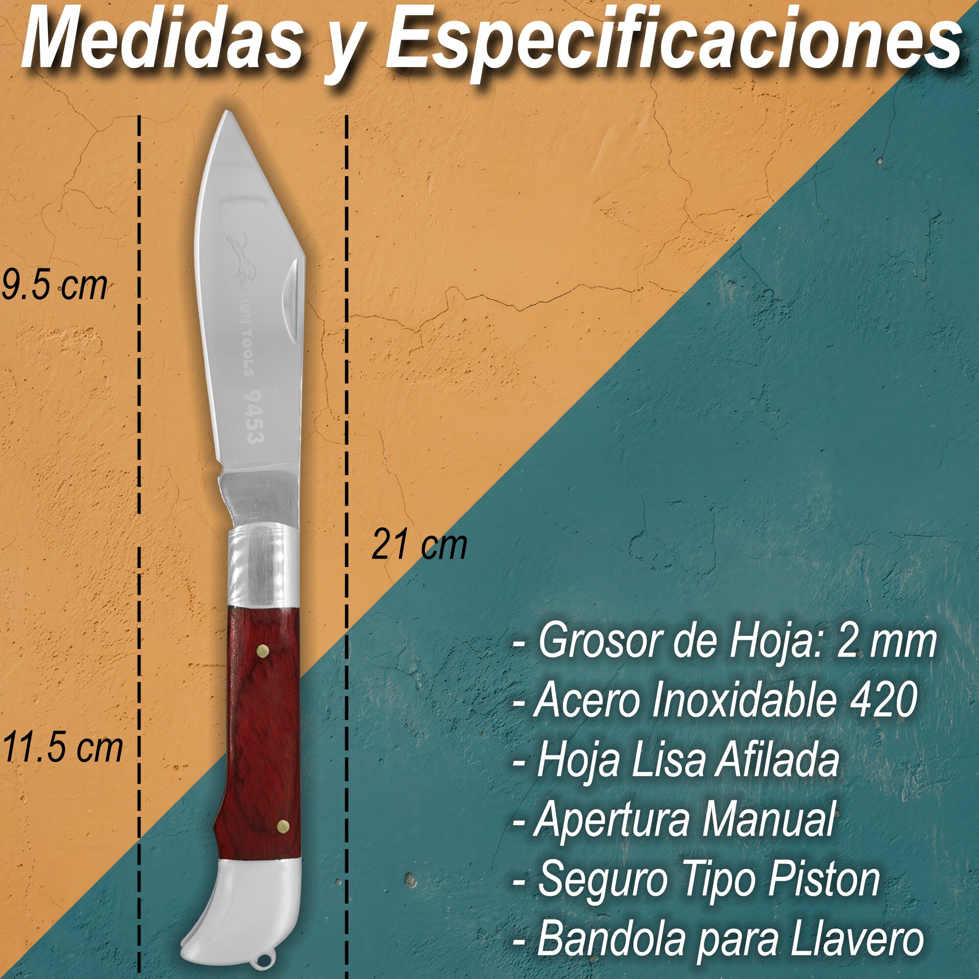 Navaja Cachas De Madera Lion Tools acero inoxidable 420 uso rudo 9453 medidas