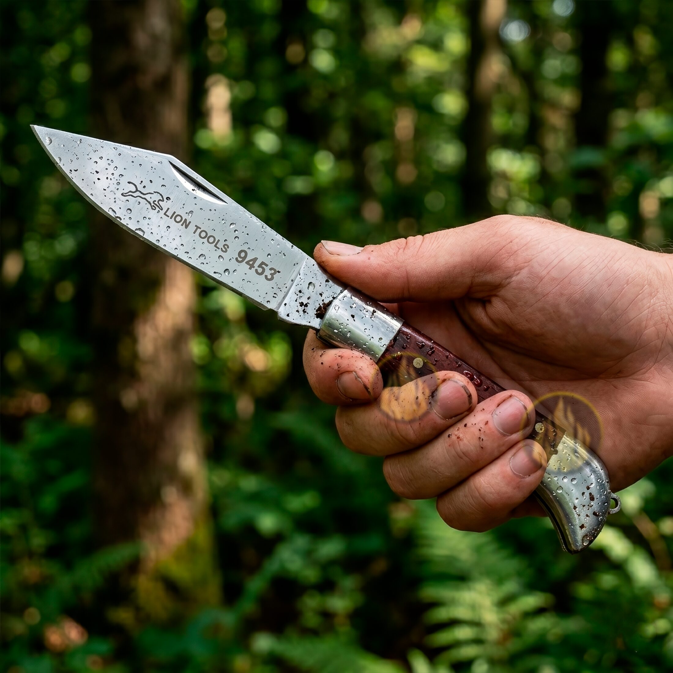 Navaja Cachas De Madera Lion Tools acero inoxidable 420 uso rudo 9453 navaja exhibida en bosque