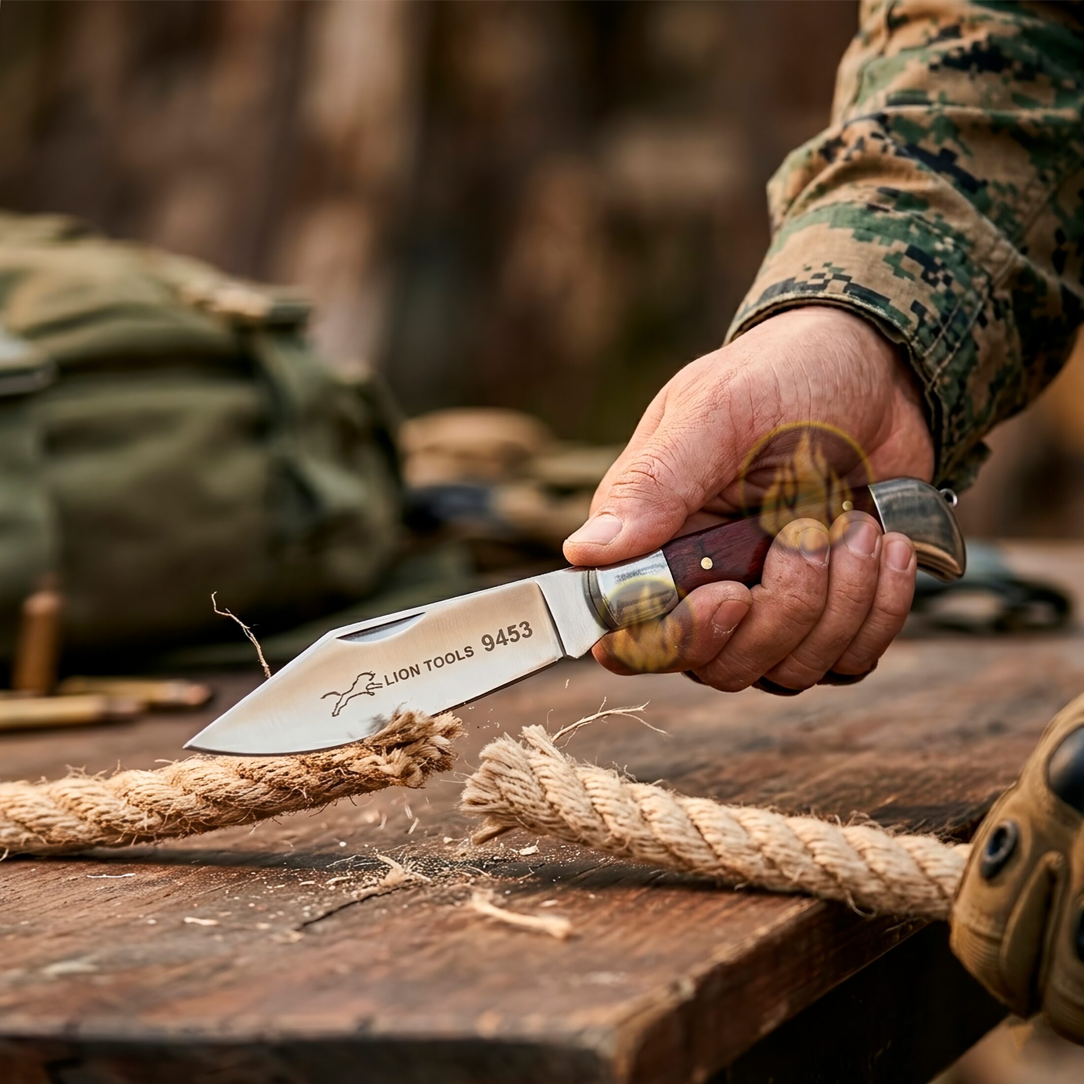 Navaja Cachas De Madera Lion Tools acero inoxidable 420 uso rudo 9453 navaja cortando una cuerda