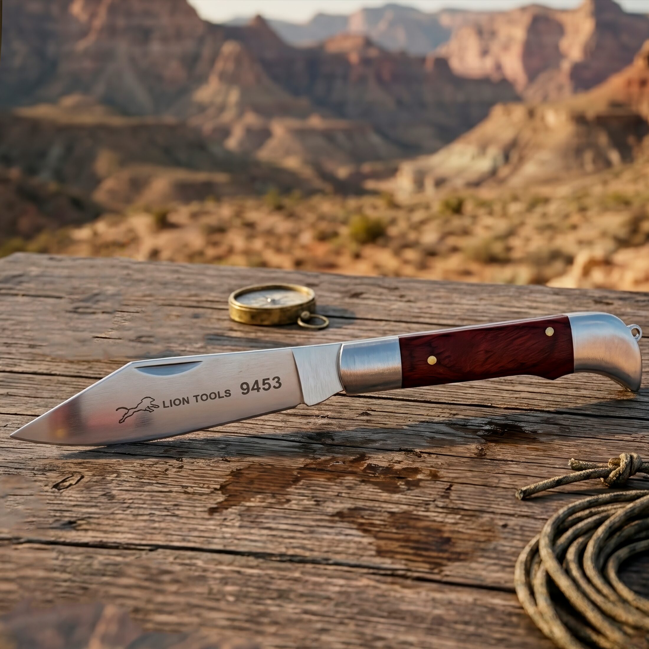 Navaja Cachas De Madera Lion Tools acero inoxidable 420 uso rudo 9453 navaja en mesa de madera