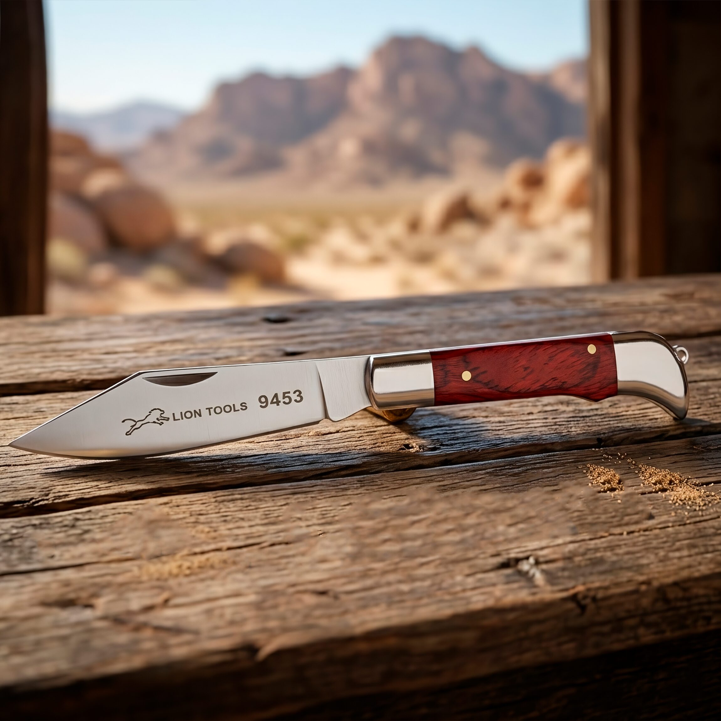 Navaja Cachas De Madera Lion Tools acero inoxidable 420 uso rudo 9453 navaja en mesa de madera