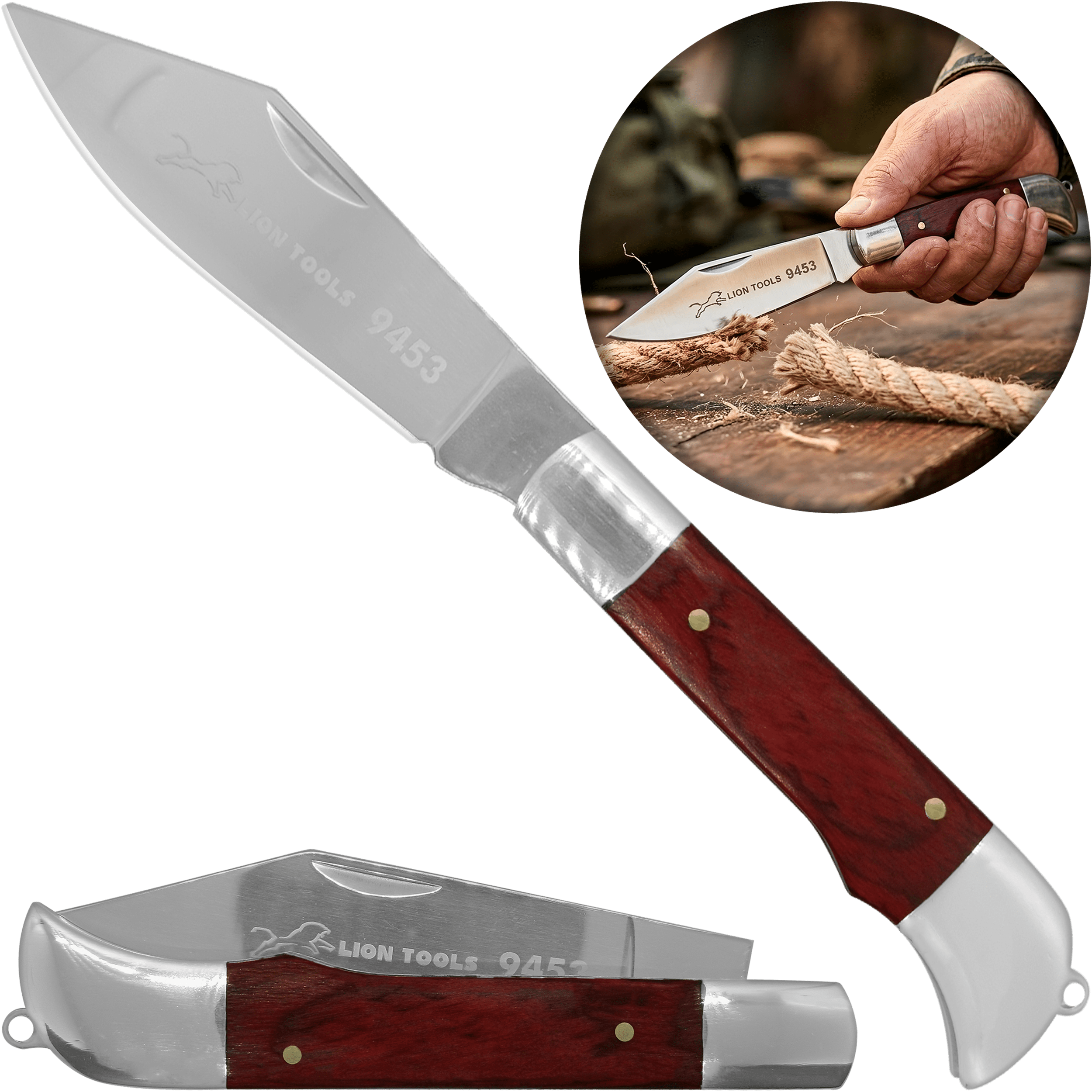 Navaja Cachas De Madera Lion Tools acero inoxidable 420 uso rudo 9453 navaja portada
