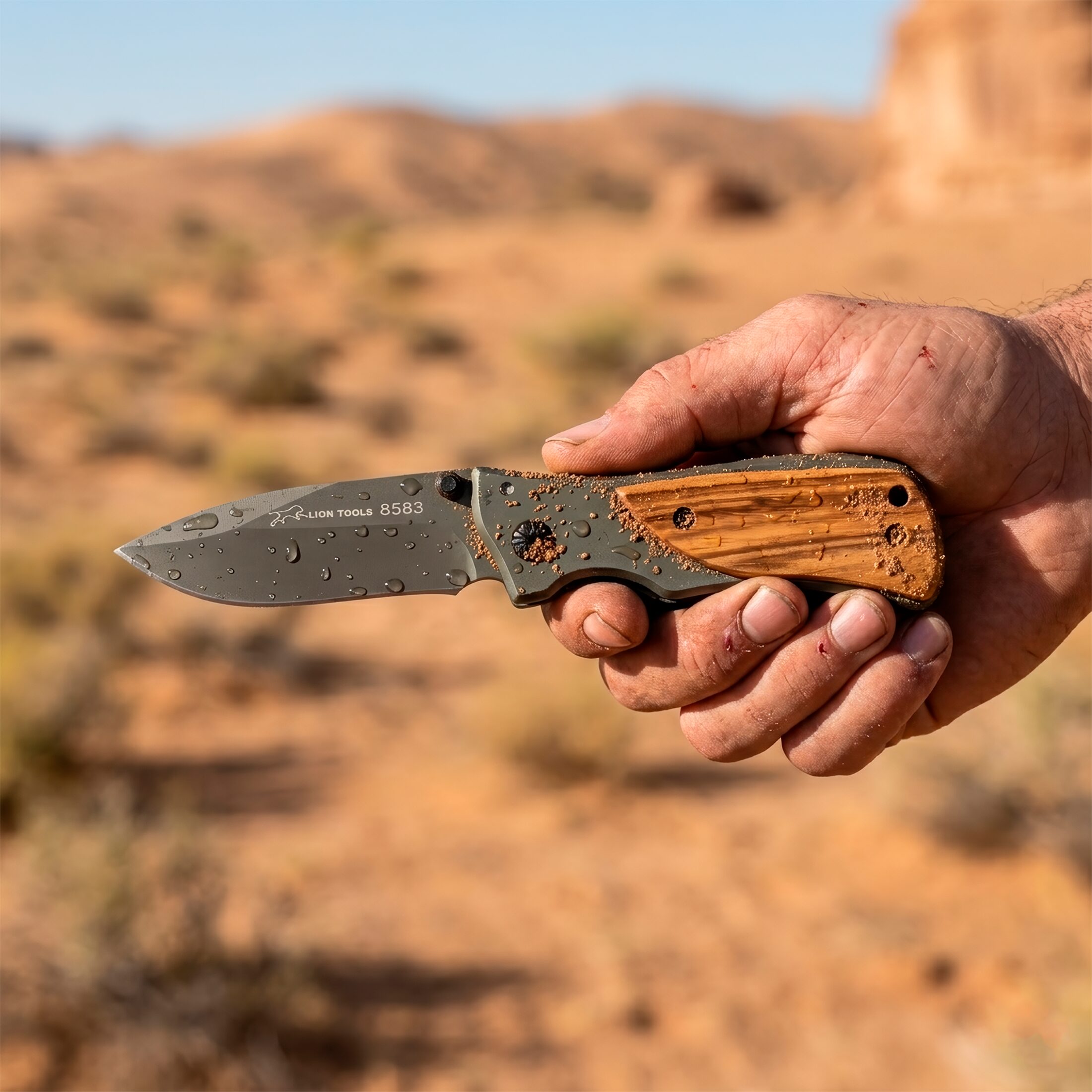 Navaja Cachas De Madera Lion Tools acero inoxidable 420 con clip uso rudo en un desierto llena de tierra