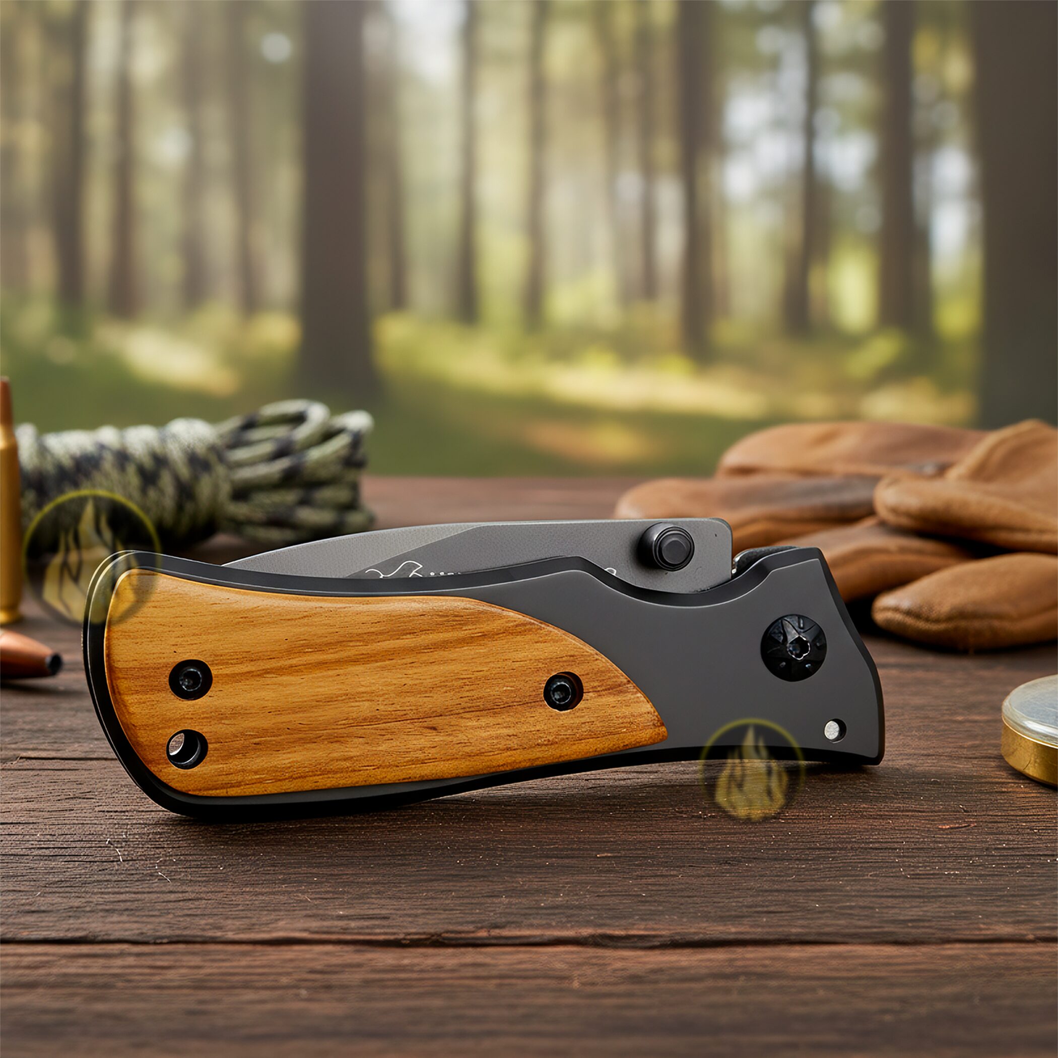 Navaja Cachas De Madera Lion Tools acero inoxidable 420 con clip uso rudo en una mesa
