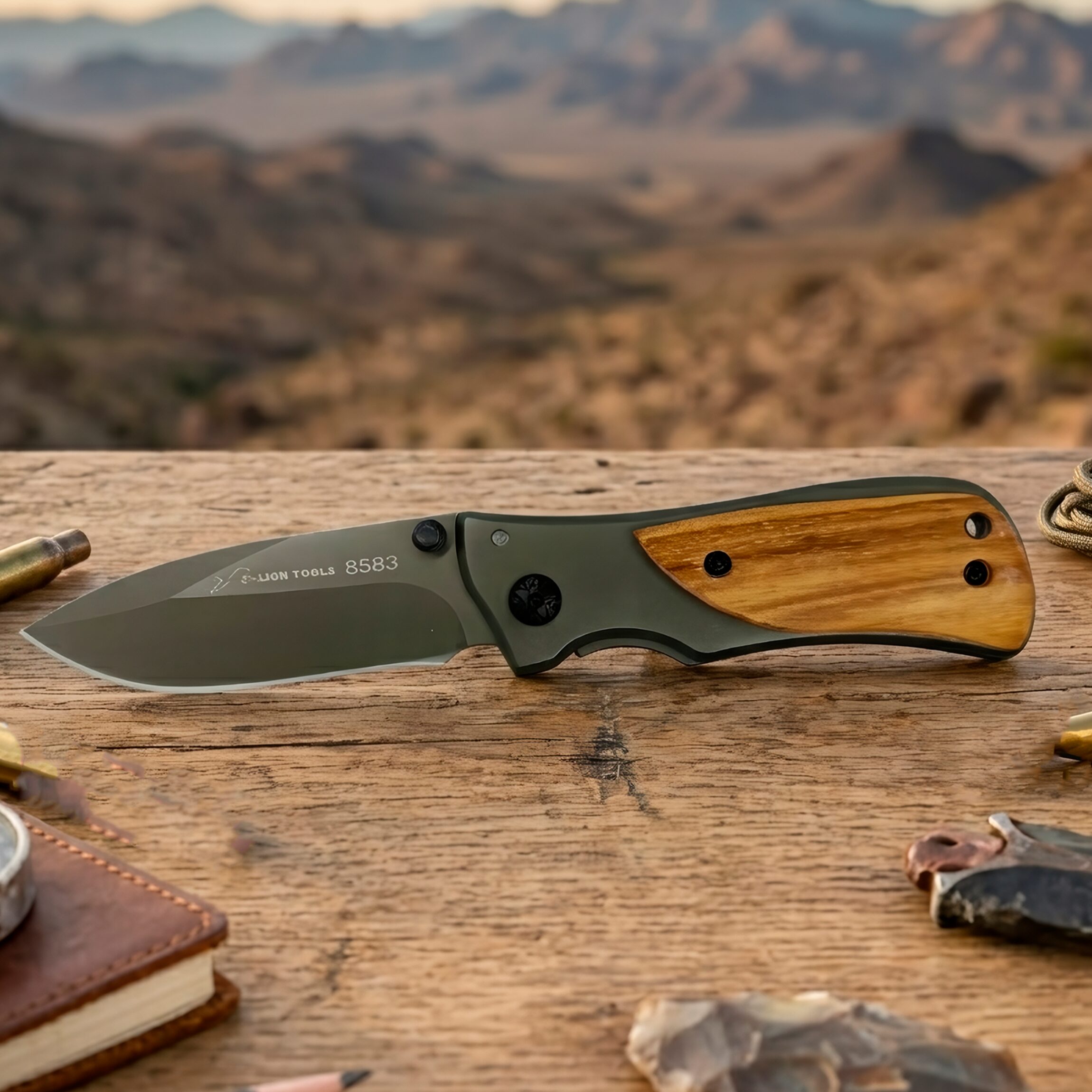 Navaja Cachas De Madera Lion Tools acero inoxidable 420 con clip uso rudo exhibida en una mesa