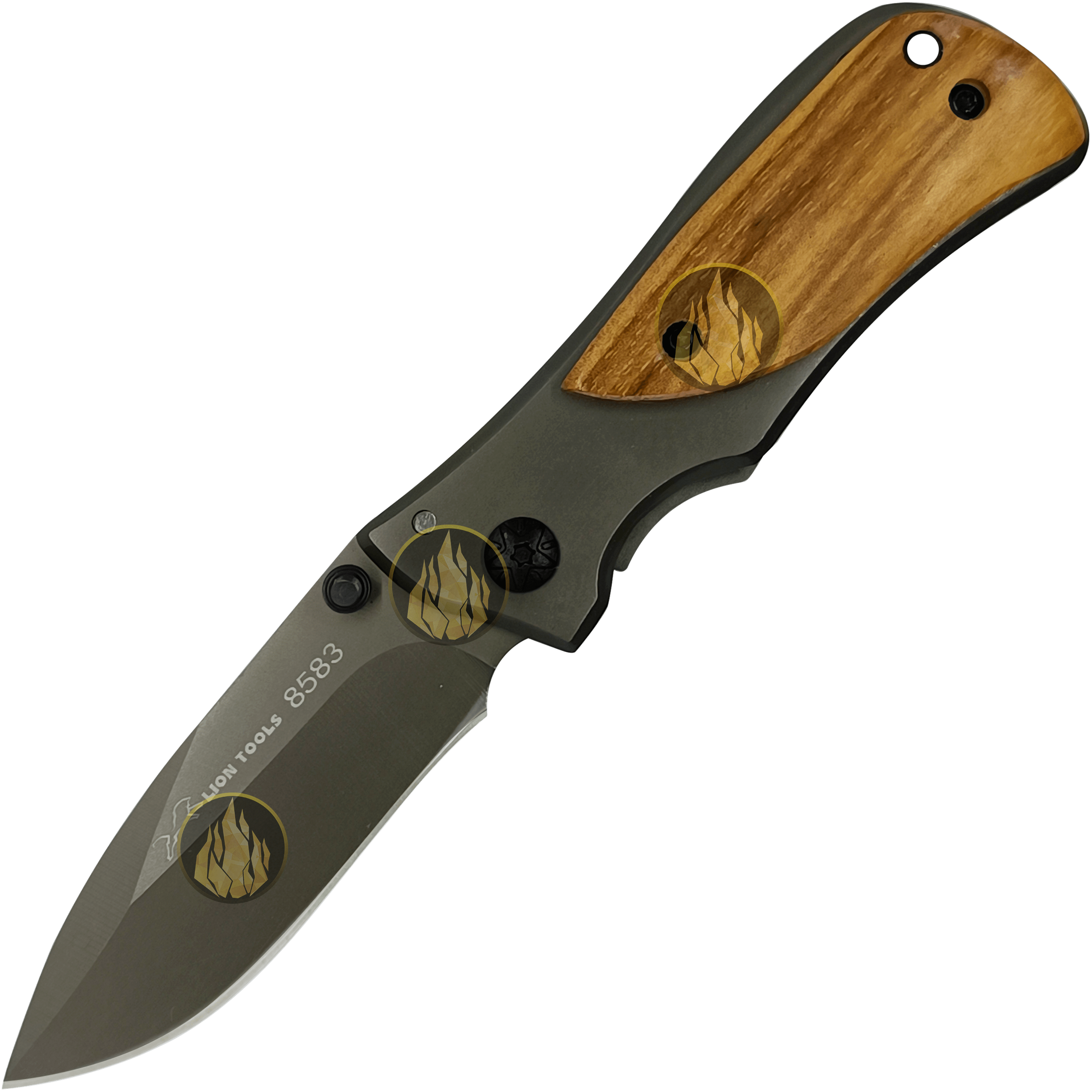Navaja Cachas De Madera Lion Tools acero inoxidable 420 con clip uso rudo exhibida
