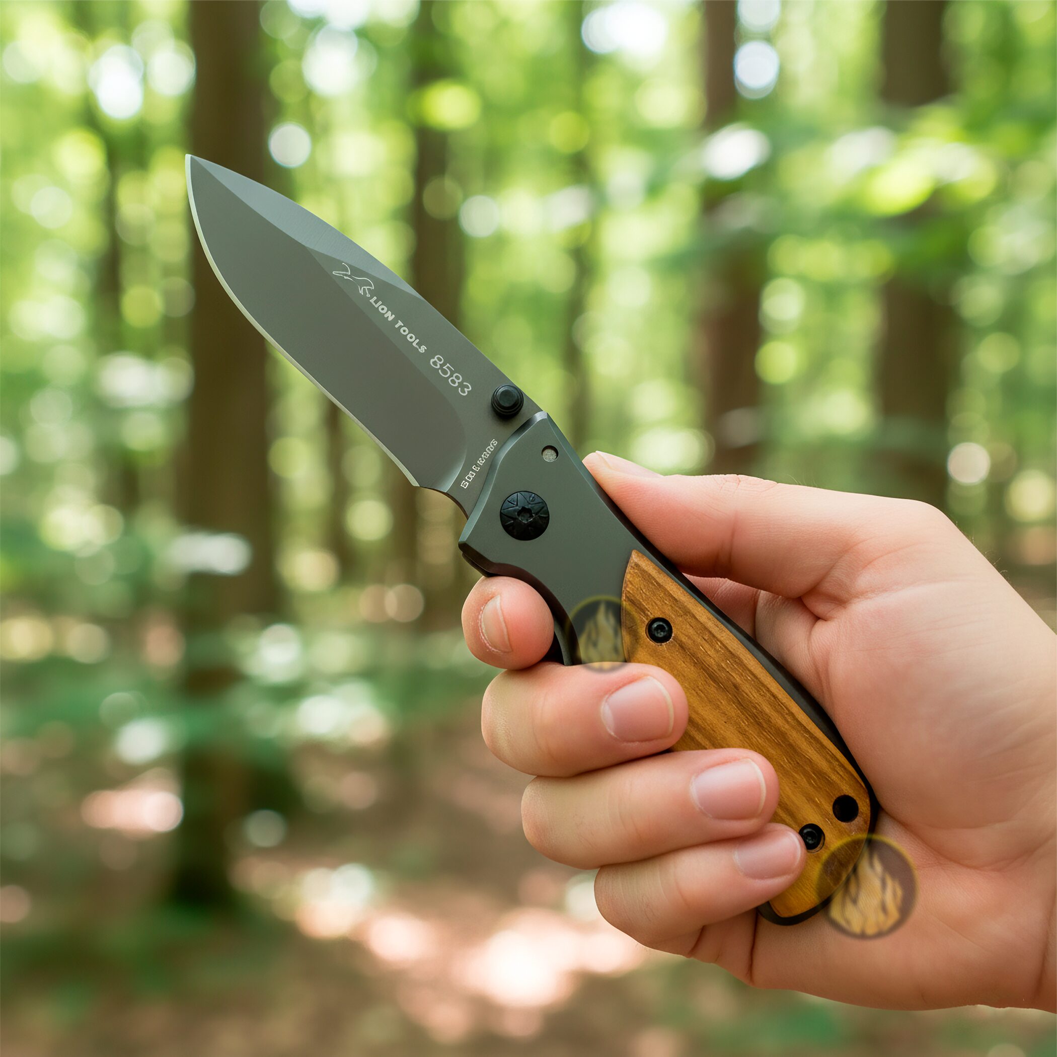 Navaja Cachas De Madera Lion Tools acero inoxidable 420 con clip uso rudo en un bosque