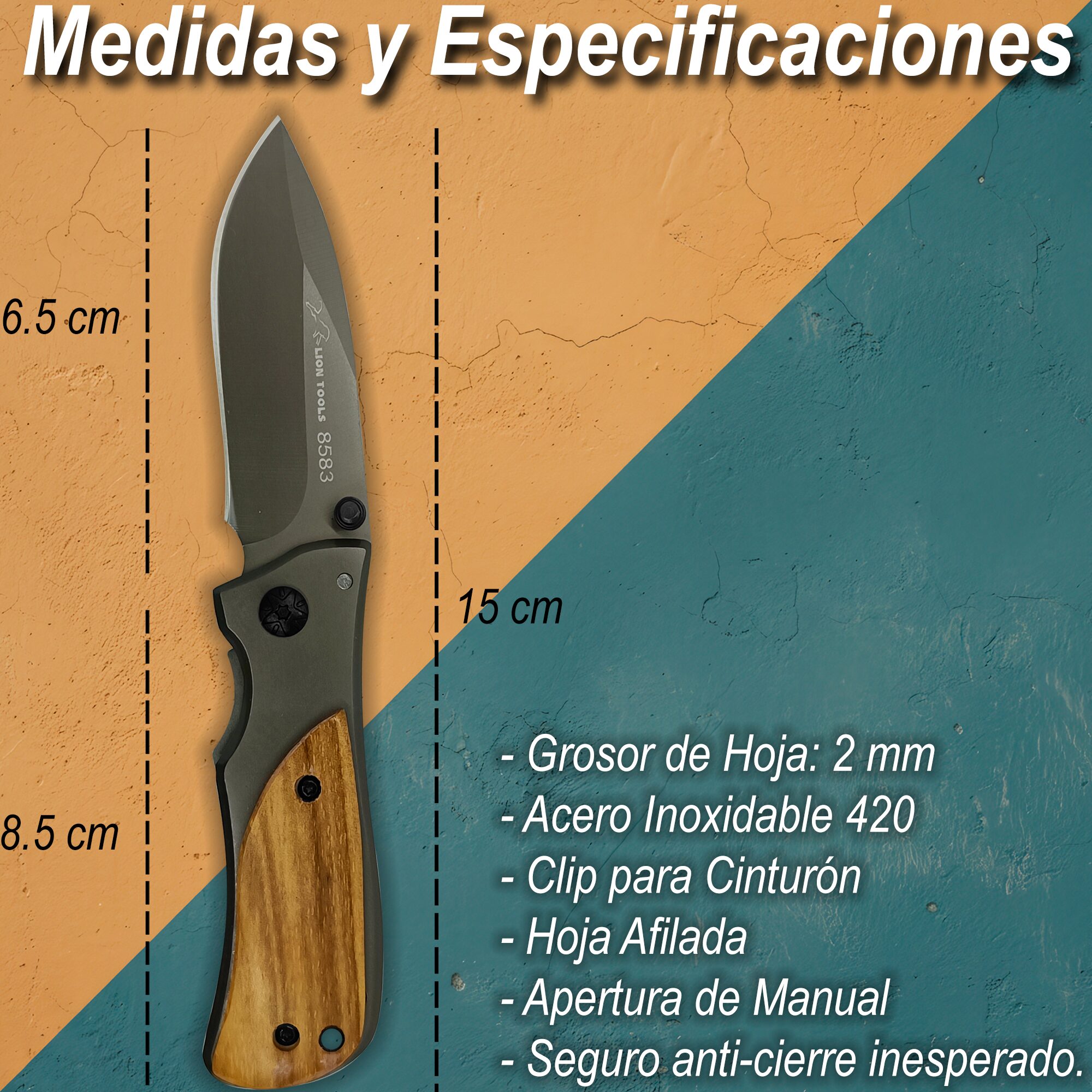 Navaja Cachas De Madera Lion Tools acero inoxidable 420 con clip uso rudo medidas