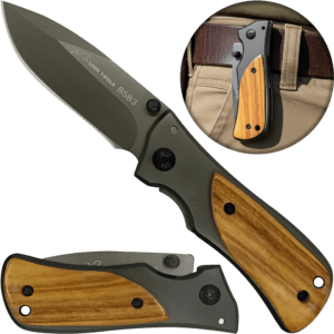 Navaja Cachas De Madera Lion Tools acero inoxidable 420 con clip uso rudo portada