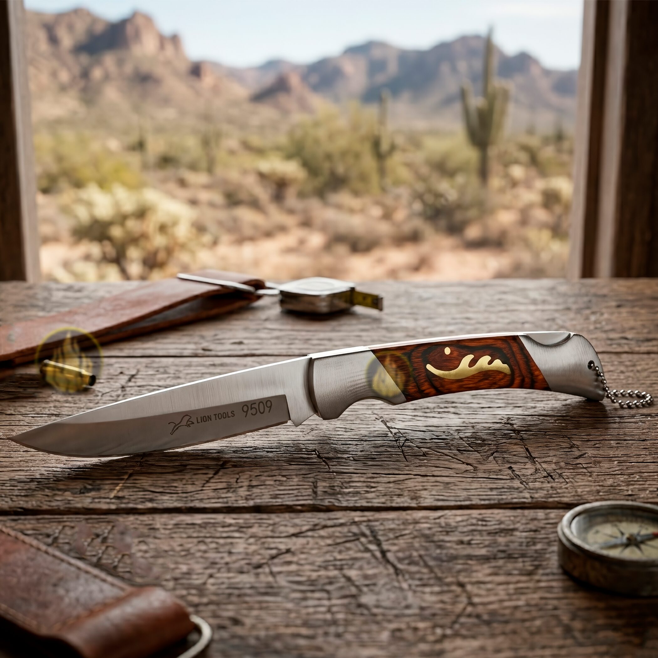 Navaja Cachas De Madera sobre una mesa de madera Lion Tools modelo 9509 con hoja afilada para actividades al aire libre