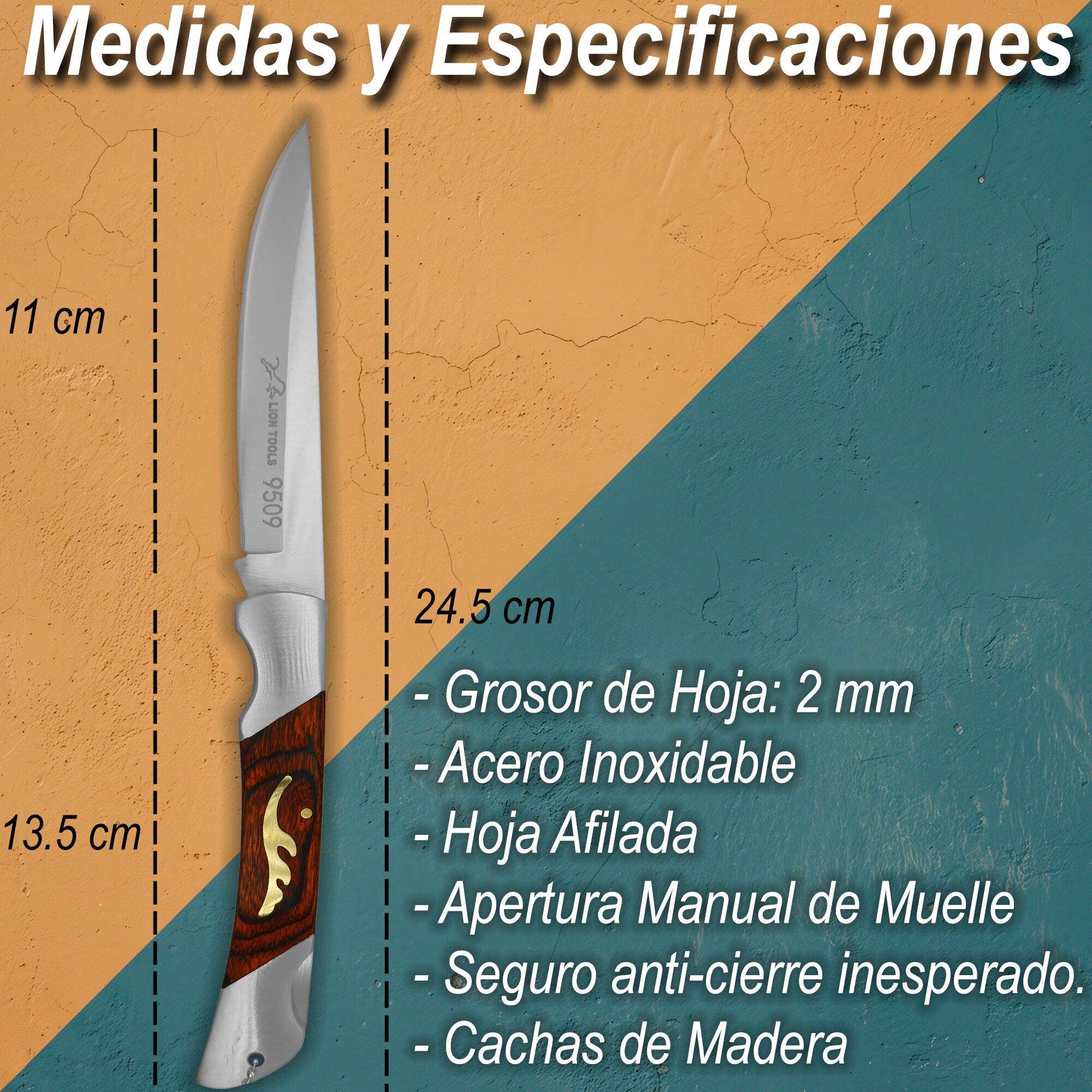 Navaja Cachas De Madera Medidas Lion Tools modelo 9509 con hoja afilada para actividades al aire libre