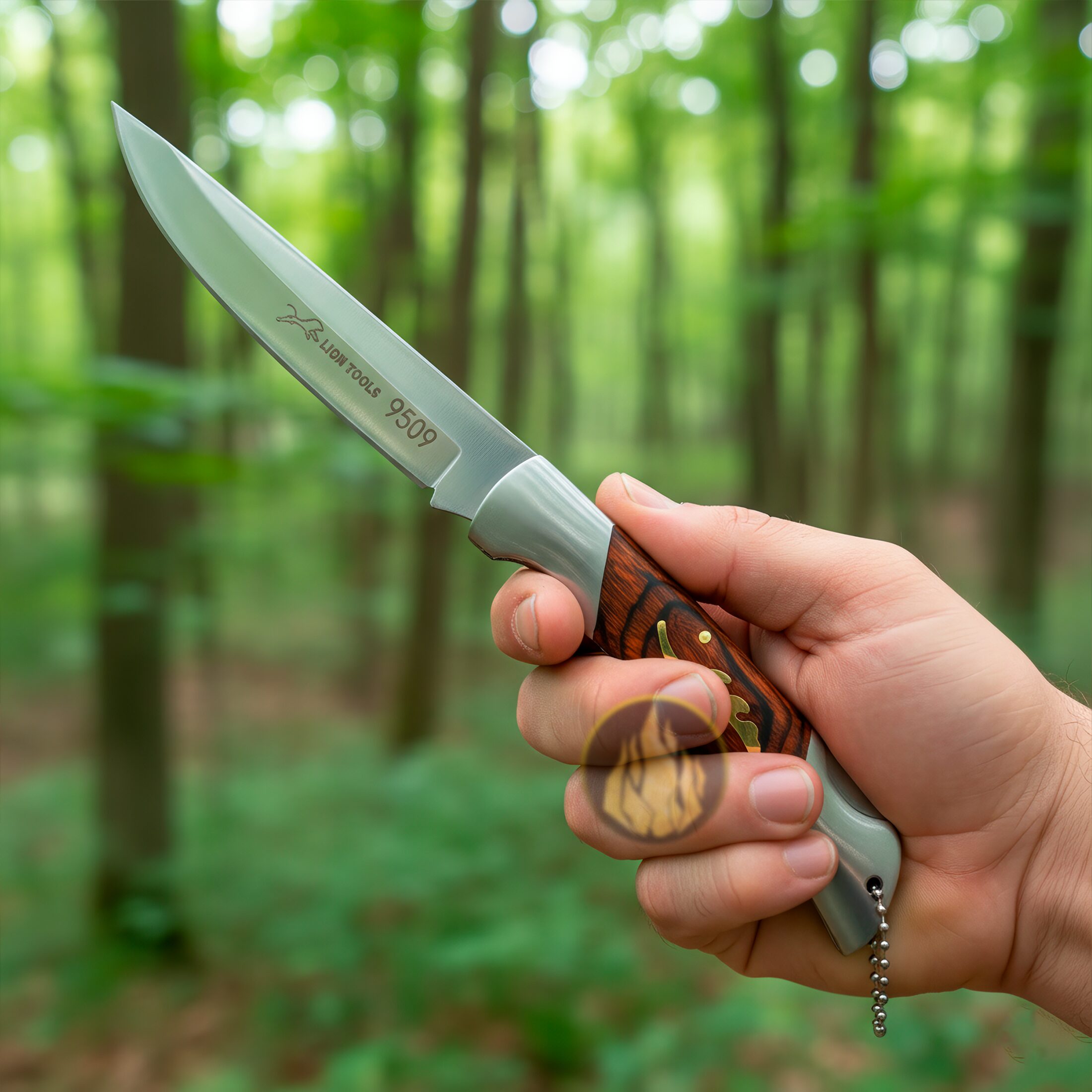 Navaja Cachas De Madera sujetada con la mano en el bosque Lion Tools modelo 9509 con hoja afilada para actividades al aire libre