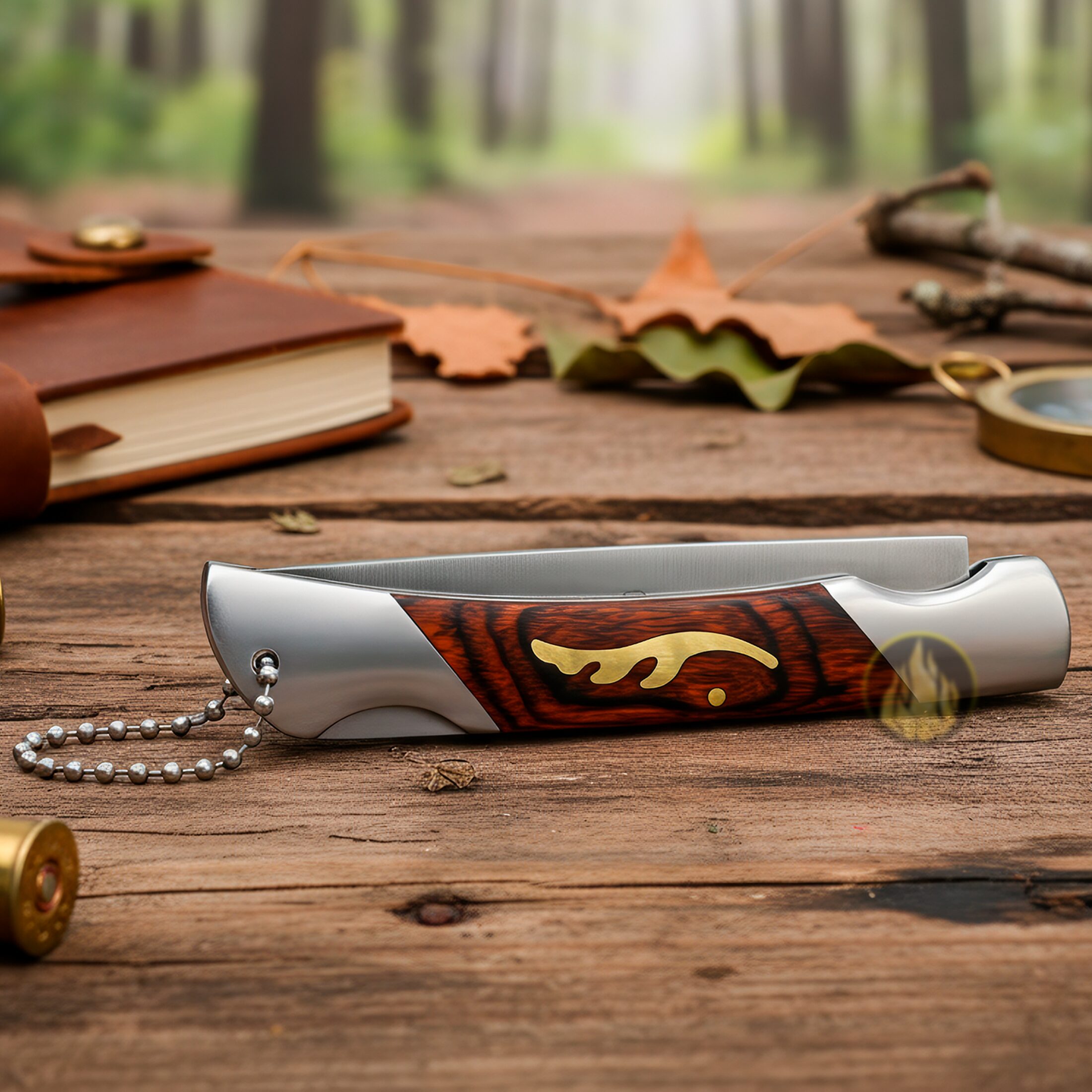 Navaja Cachas De Madera Lion sobre una mesa de madera Tools modelo 9509 con hoja afilada para actividades al aire libre