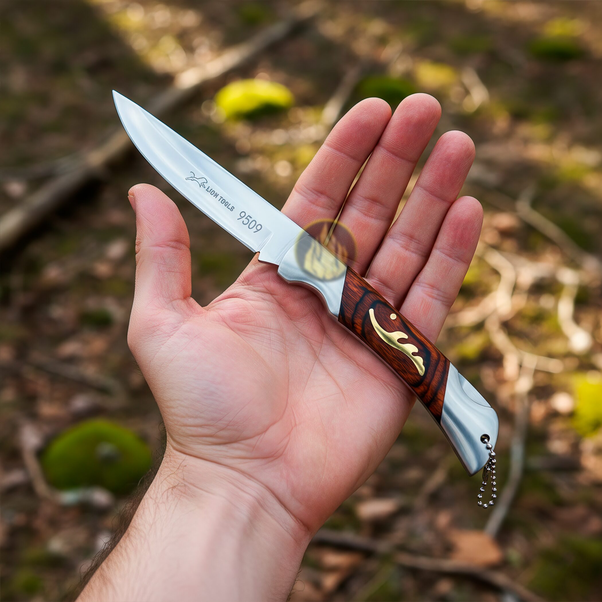 Navaja Cachas De Madera sobre una mano Lion Tools modelo 9509 con hoja afilada para actividades al aire libre